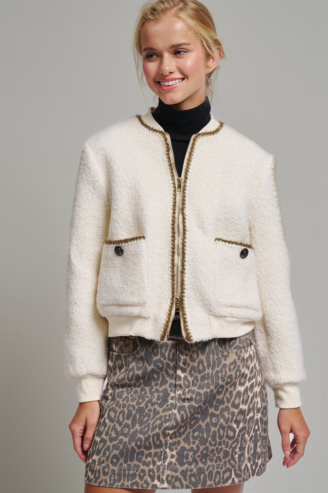 Textured Boucle Wool Blend Bomber Jacket in Cream - Women's Jackets & Blazers | Urban Daizy