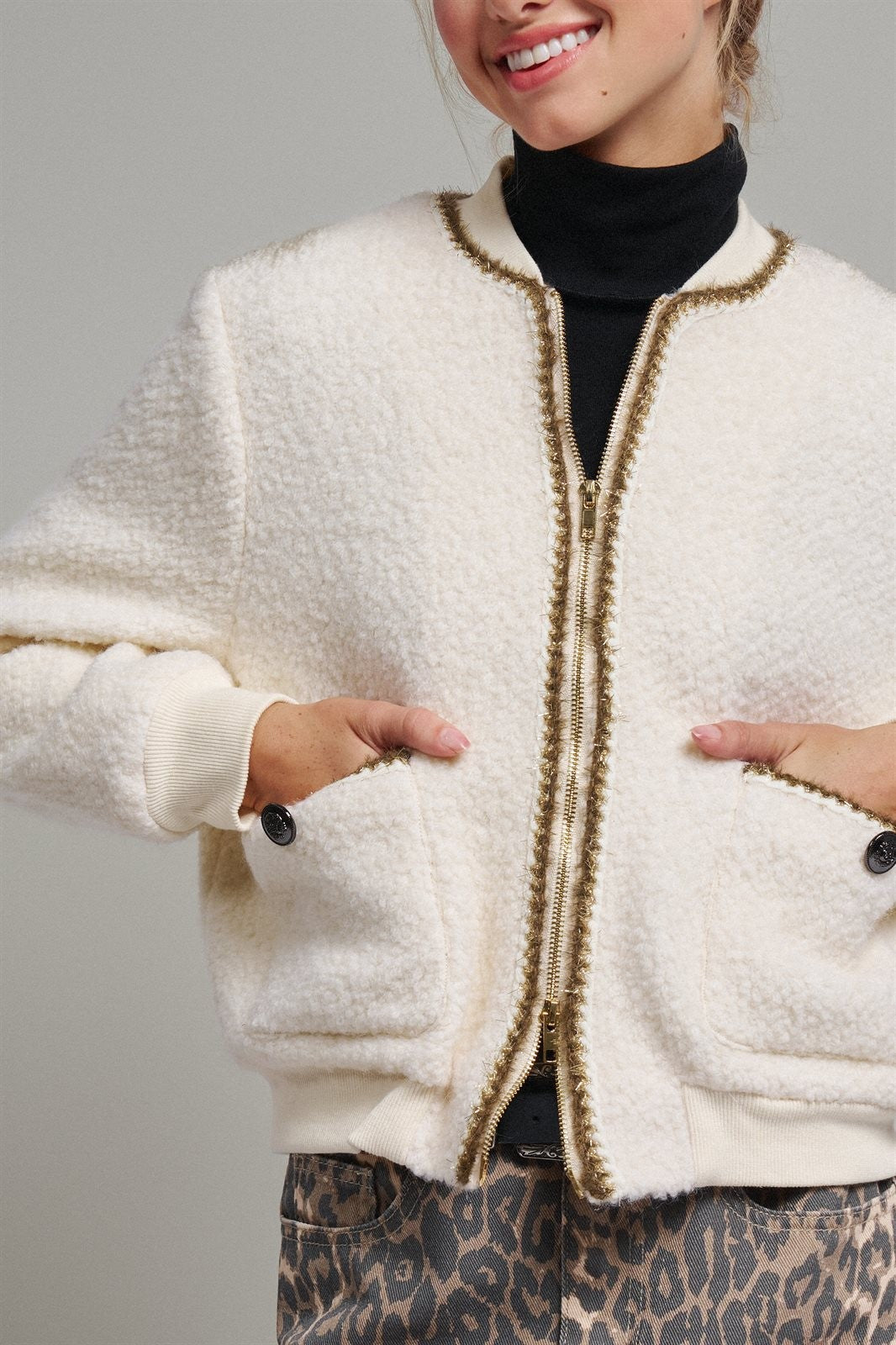 Textured Boucle Wool Blend Bomber Jacket in Cream - Women's Jackets & Blazers | Urban Daizy