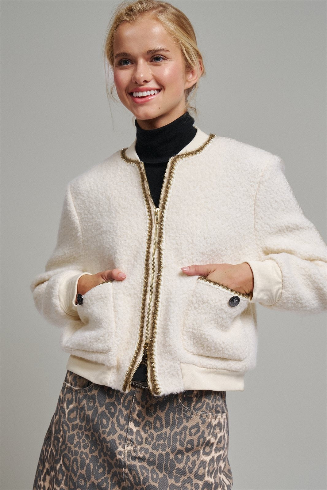 Textured Boucle Wool Blend Bomber Jacket in Cream - Women's Jackets & Blazers | Urban Daizy