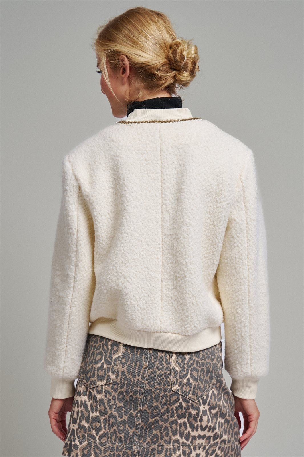 Textured Boucle Wool Blend Bomber Jacket in Cream - Women's Jackets & Blazers | Urban Daizy