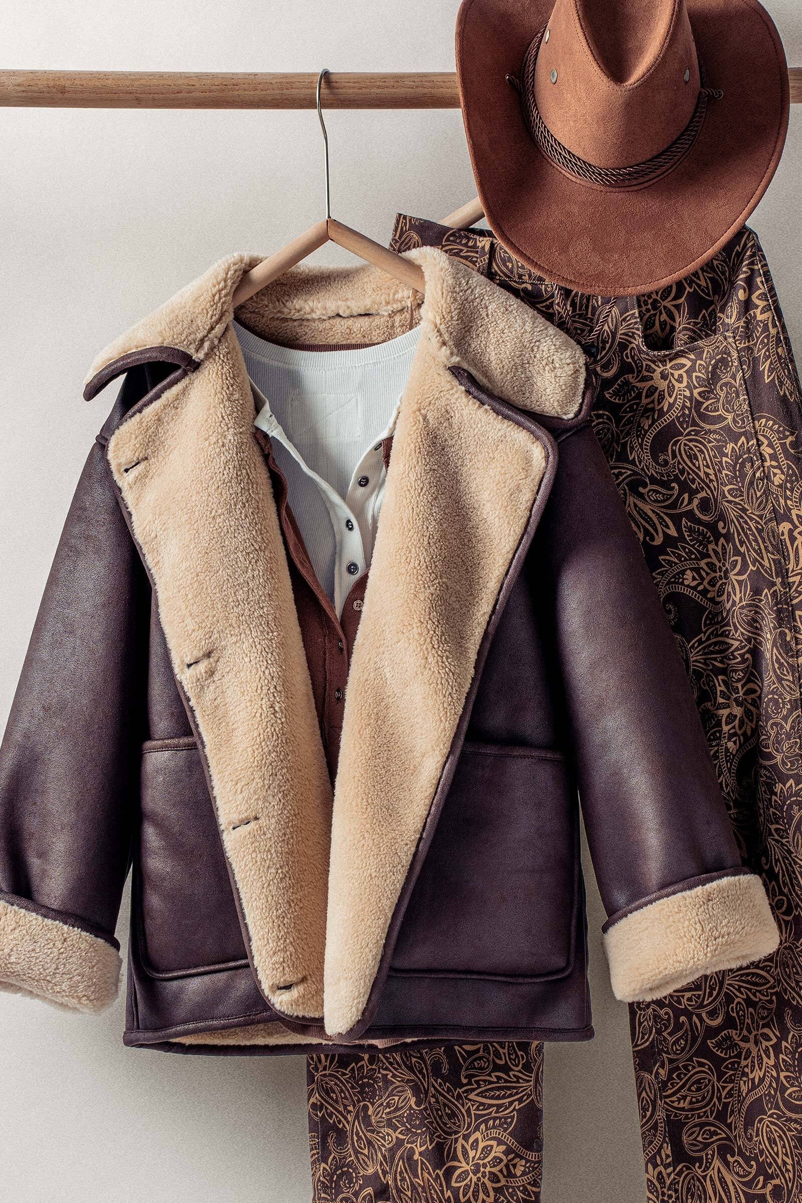 Oversized Faux Shearling Aviator Jacket in Brown - Women's Jackets & Blazers | Urban Daizy