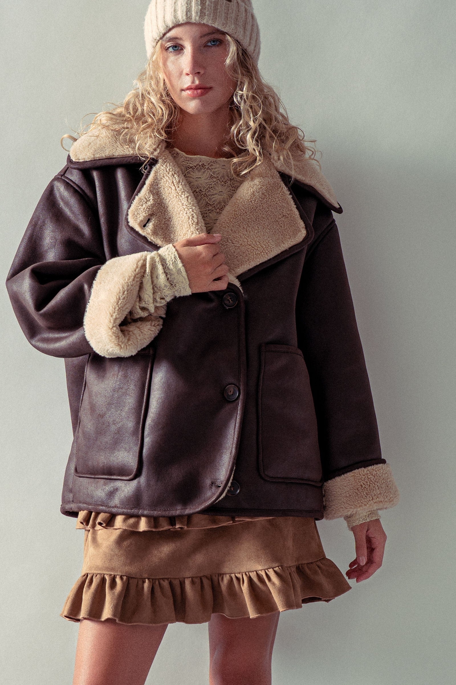 Oversized Faux Shearling Aviator Jacket in Brown - Women's Jackets & Blazers | Urban Daizy