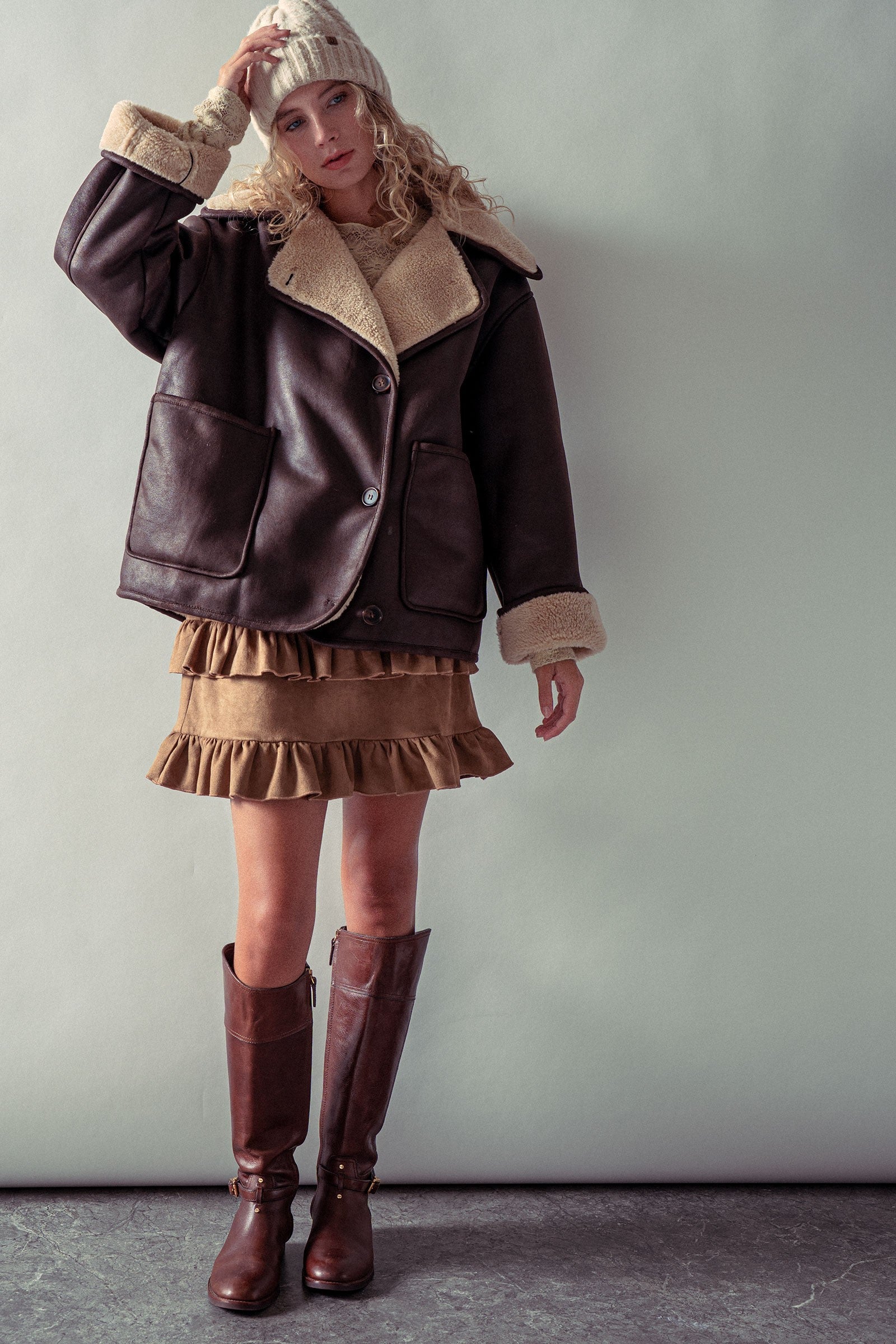Oversized Faux Shearling Aviator Jacket in Brown - Women's Jackets & Blazers | Urban Daizy