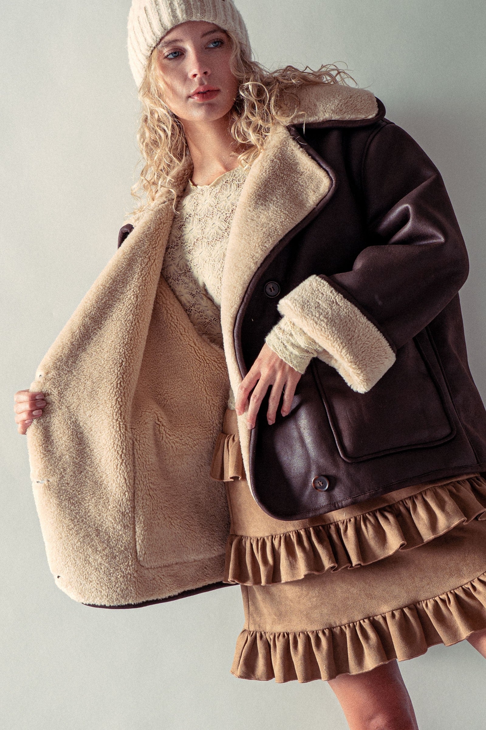 Oversized Faux Shearling Aviator Jacket in Brown - Women's Jackets & Blazers | Urban Daizy