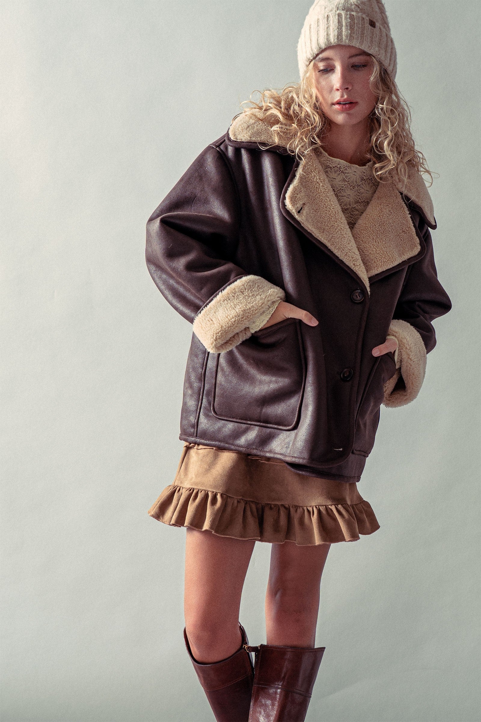 Oversized Faux Shearling Aviator Jacket in Brown - Women's Jackets & Blazers | Urban Daizy
