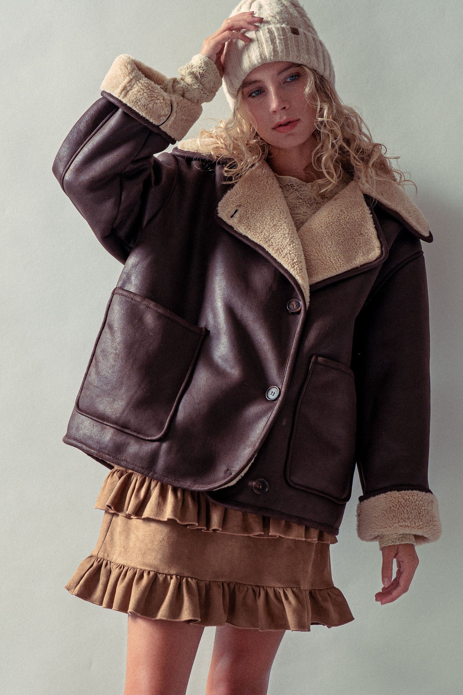 Oversized Faux Shearling Aviator Jacket in Brown - Women's Jackets & Blazers | Urban Daizy