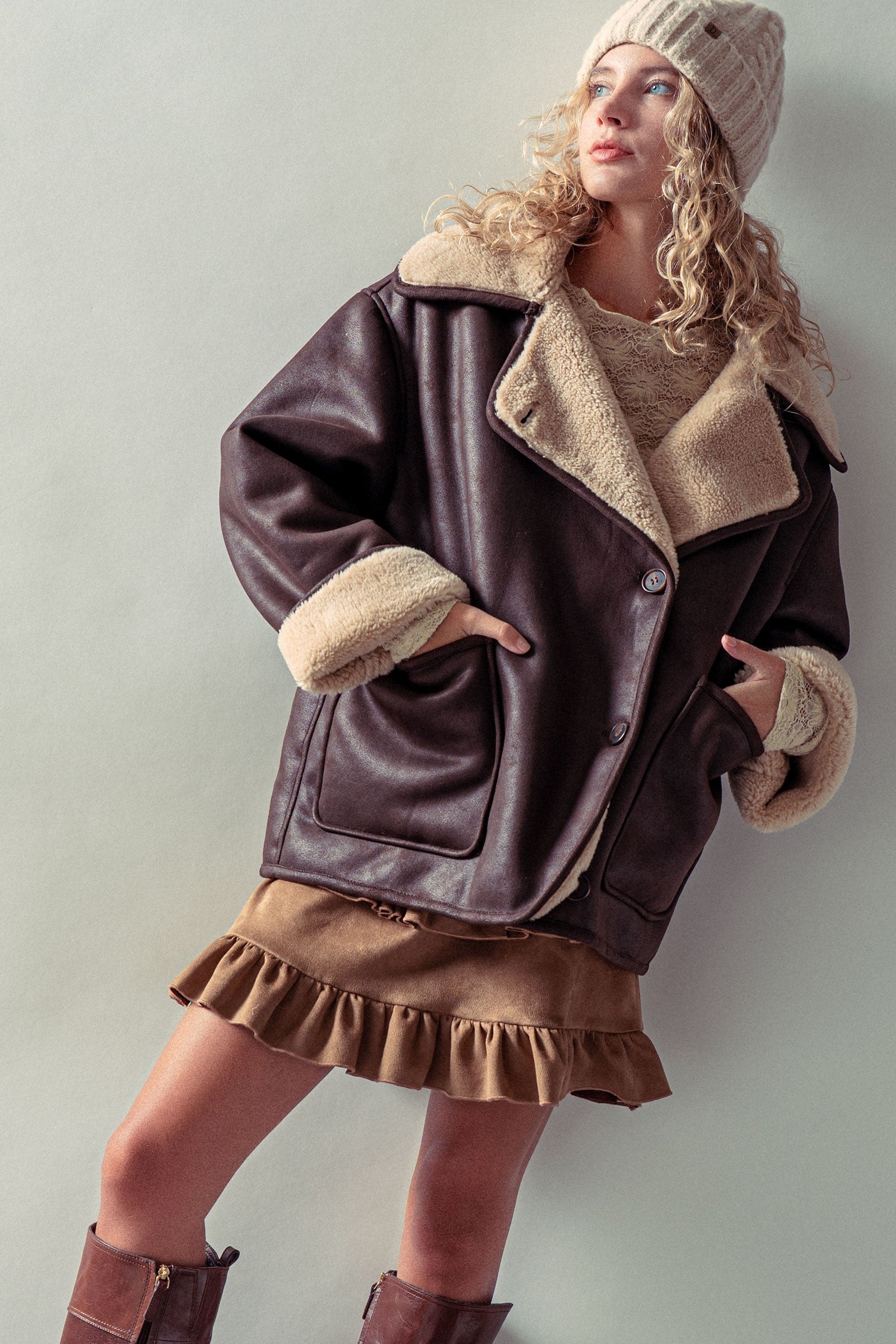 Oversized Faux Shearling Aviator Jacket in Brown - Women's Jackets & Blazers | Urban Daizy