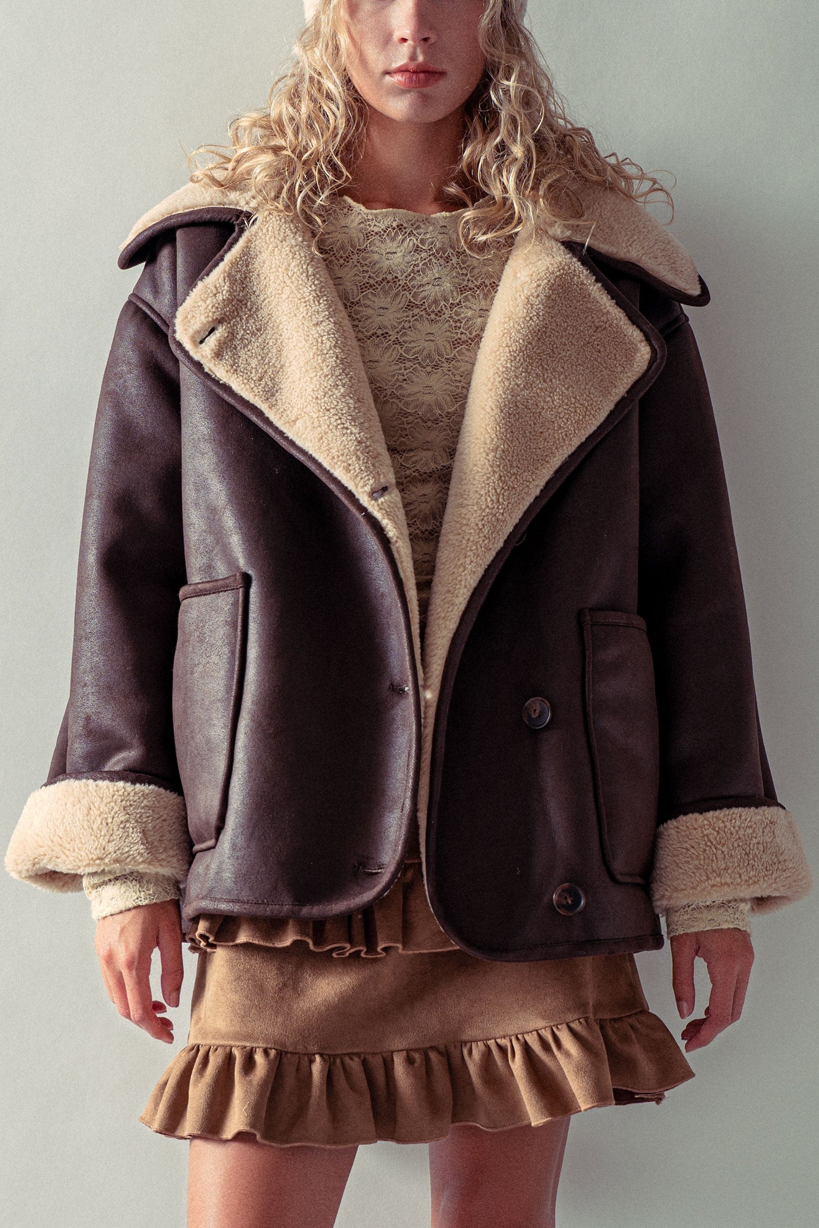 Oversized Faux Shearling Aviator Jacket in Brown - Women's Jackets & Blazers | Urban Daizy