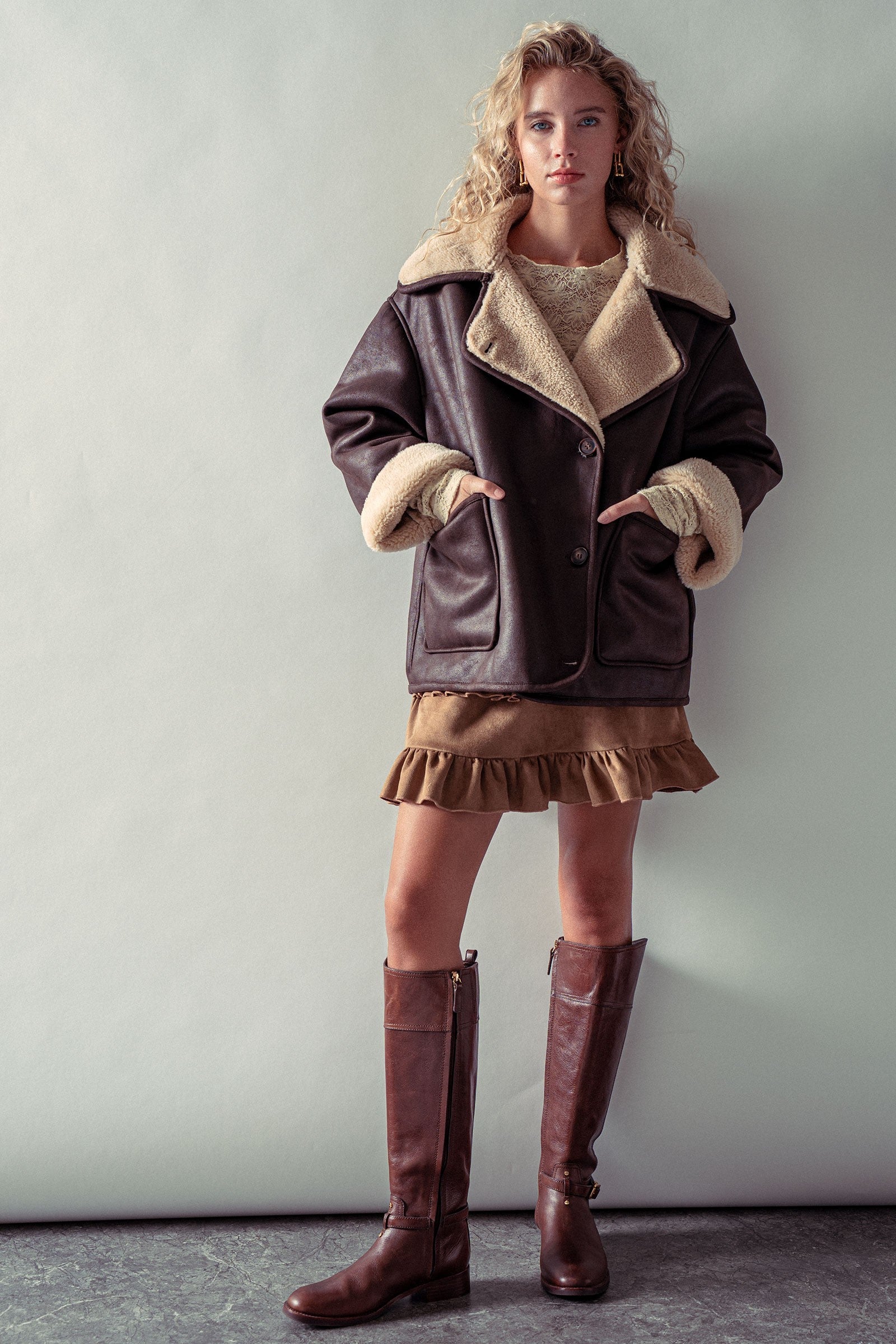 Oversized Faux Shearling Aviator Jacket in Brown - Women's Jackets & Blazers | Urban Daizy
