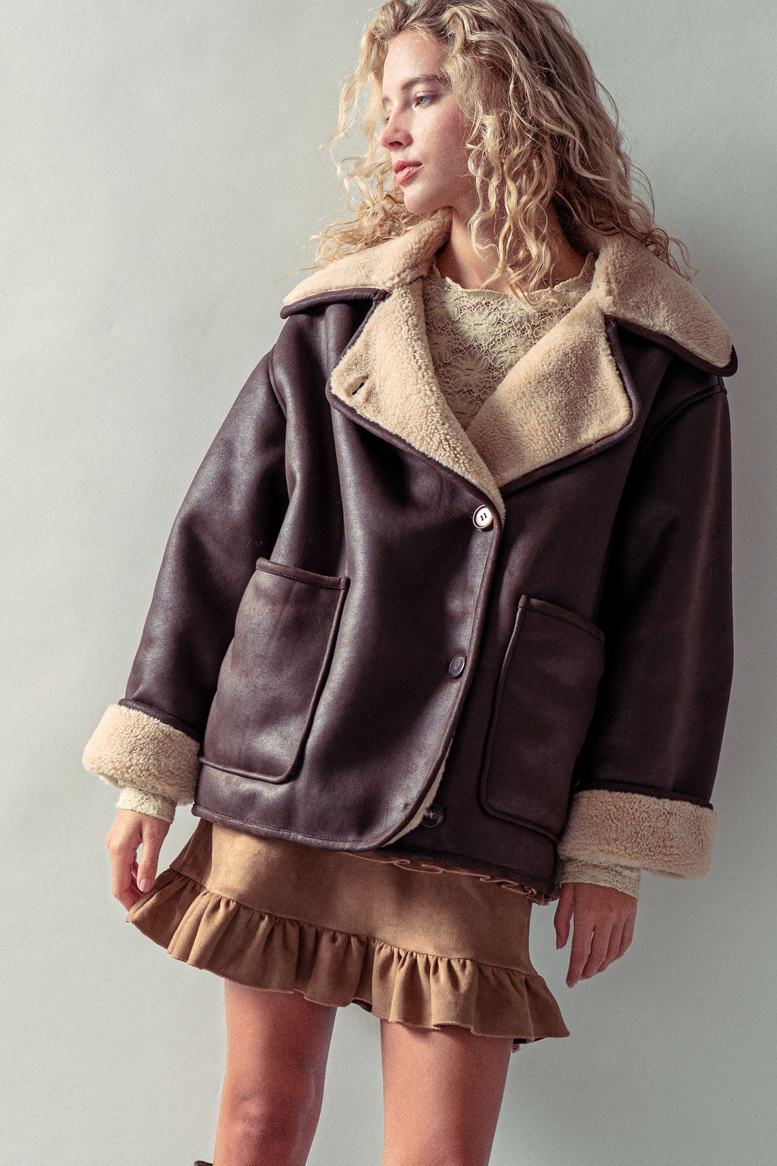 Oversized Faux Shearling Aviator Jacket in Brown - Women's Jackets & Blazers | Urban Daizy