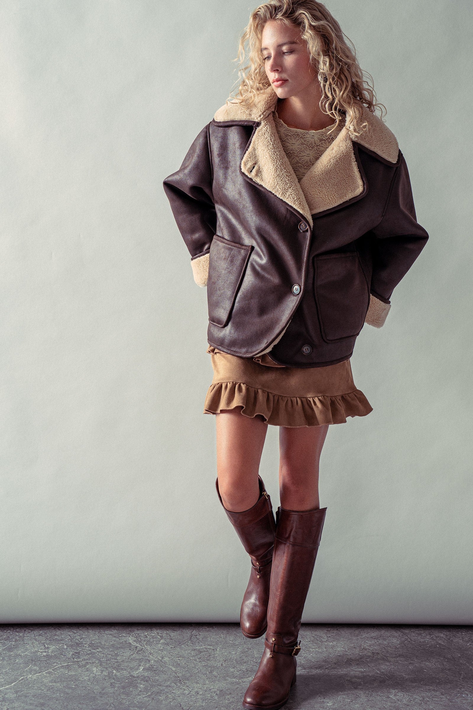 Oversized Faux Shearling Aviator Jacket in Brown - Women's Jackets & Blazers | Urban Daizy