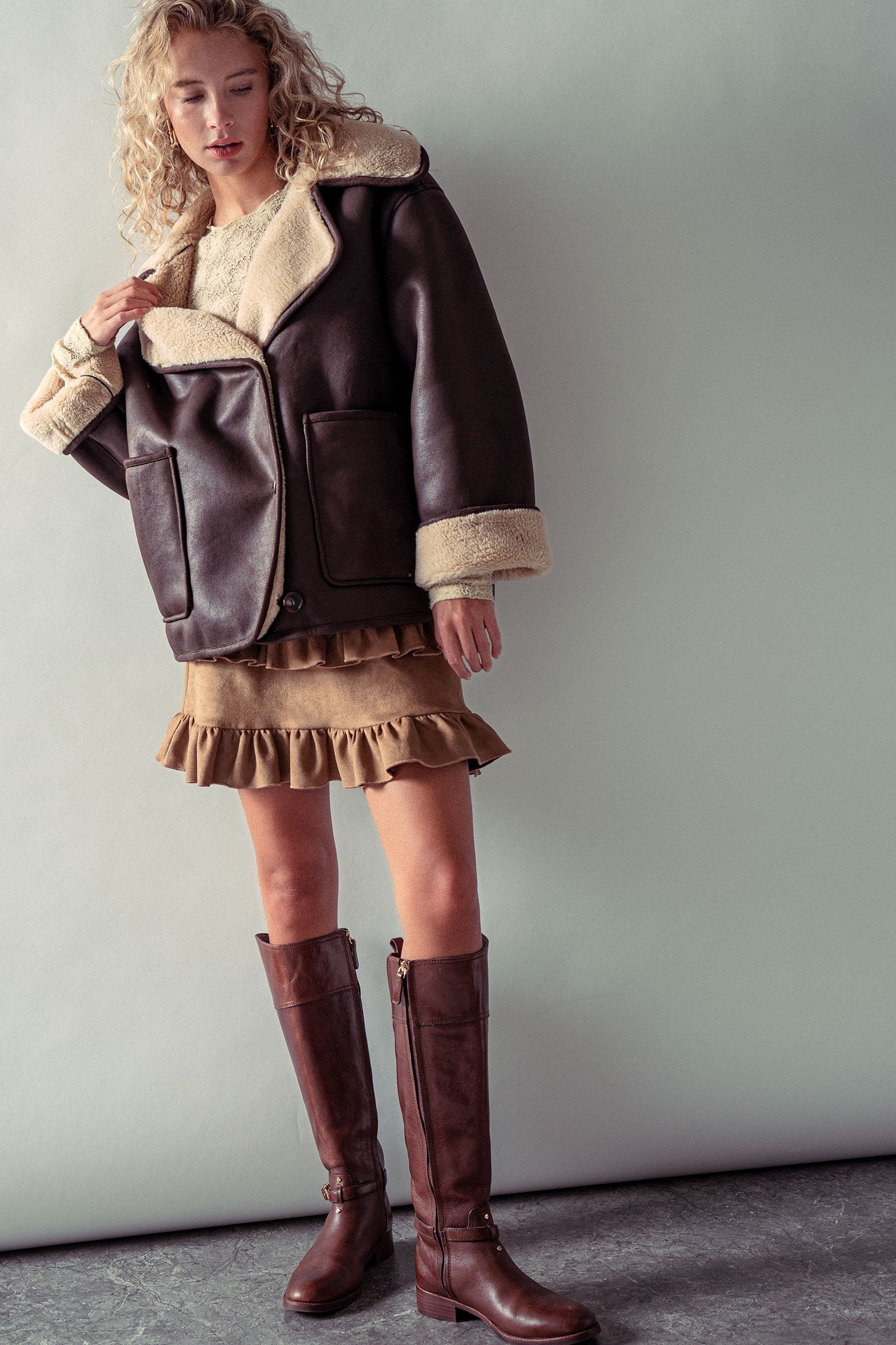 Oversized Faux Shearling Aviator Jacket in Brown - Women's Jackets & Blazers | Urban Daizy