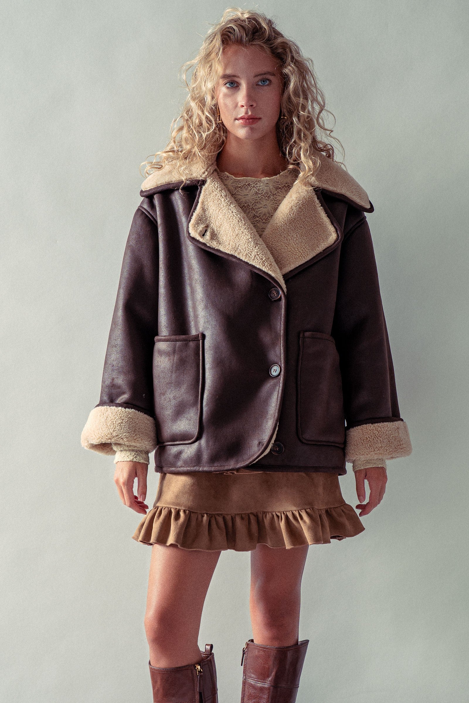 Oversized Faux Shearling Aviator Jacket in Brown - Women's Jackets & Blazers | Urban Daizy