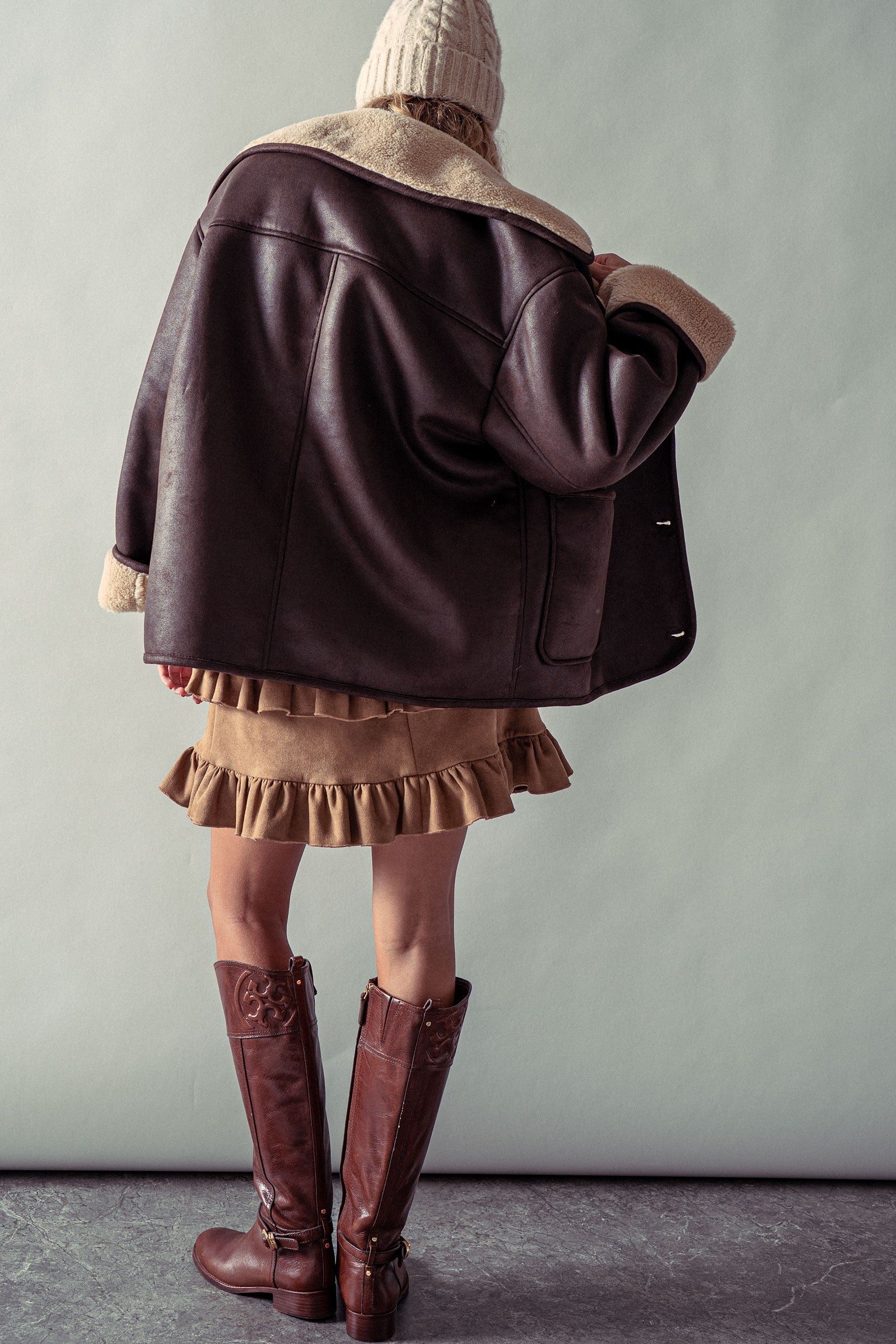 Oversized Faux Shearling Aviator Jacket in Brown - Women's Jackets & Blazers | Urban Daizy