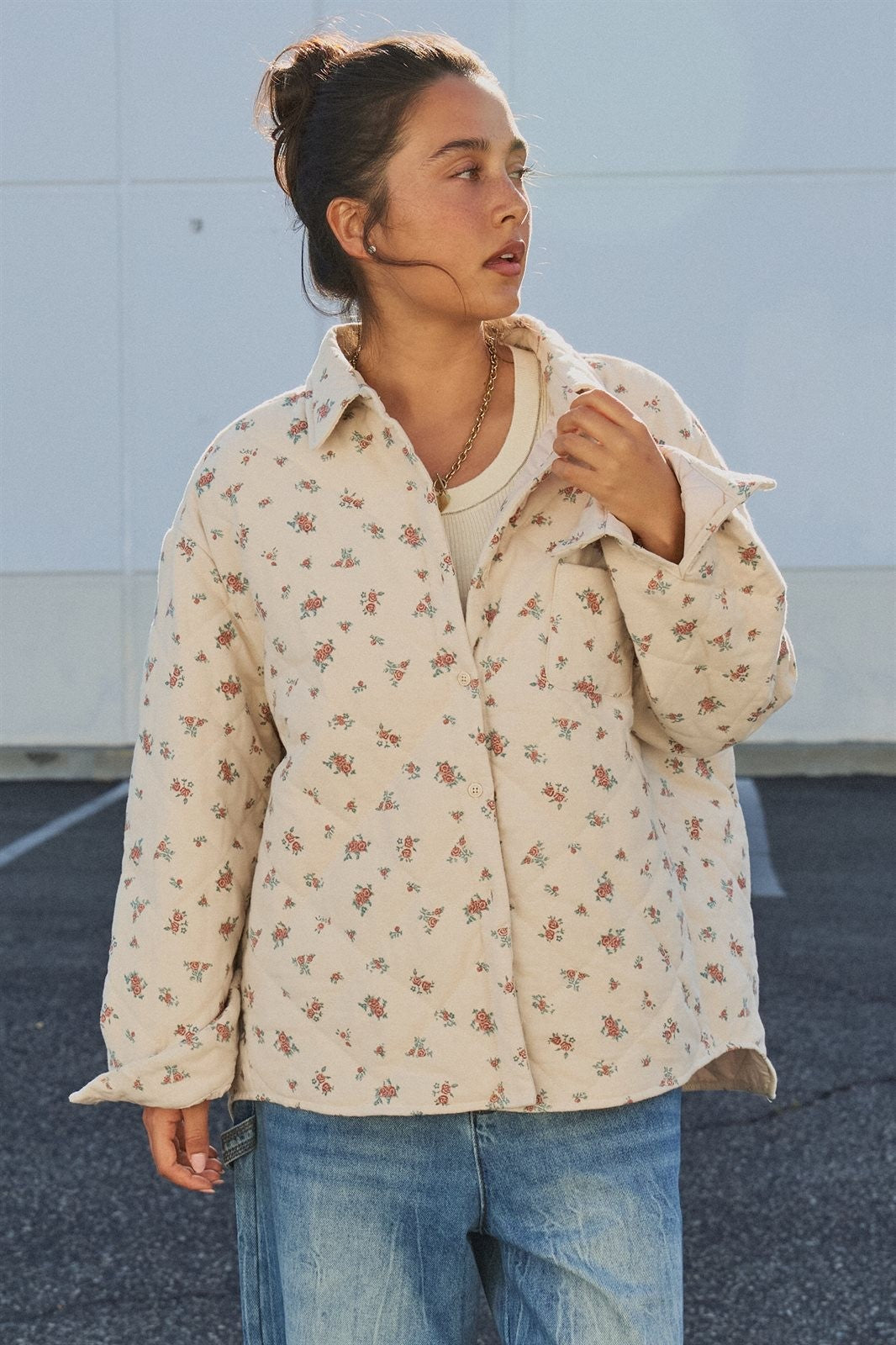 Floral Quilted Button-Down Cotton Shacket in Taupe	 - Women's Jackets & Outerwear | Urban Daizy
