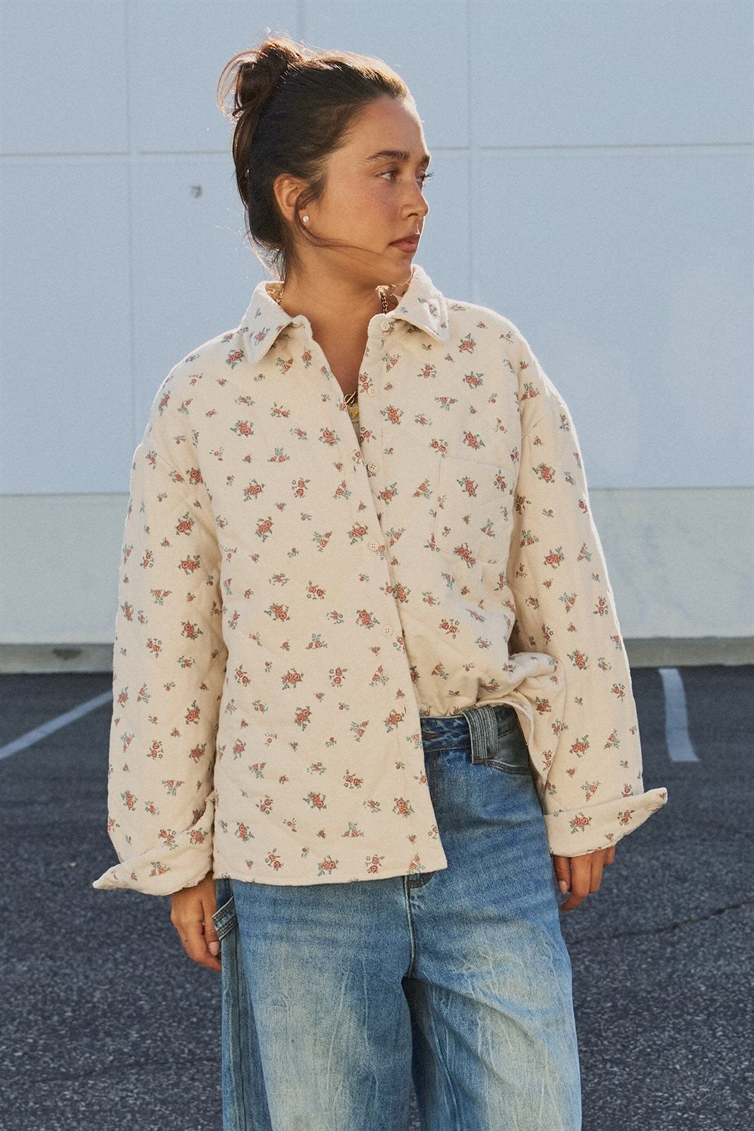 Floral Quilted Button-Down Cotton Shacket in Taupe	 - Women's Jackets & Outerwear | Urban Daizy