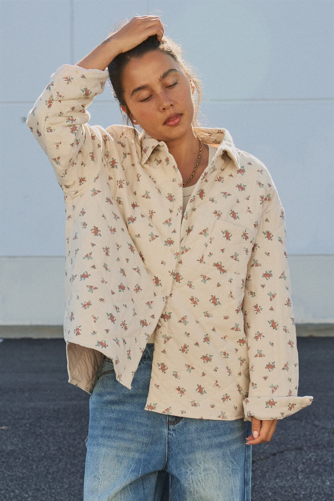 Floral Quilted Button-Down Cotton Shacket in Taupe	 - Women's Jackets & Outerwear | Urban Daizy