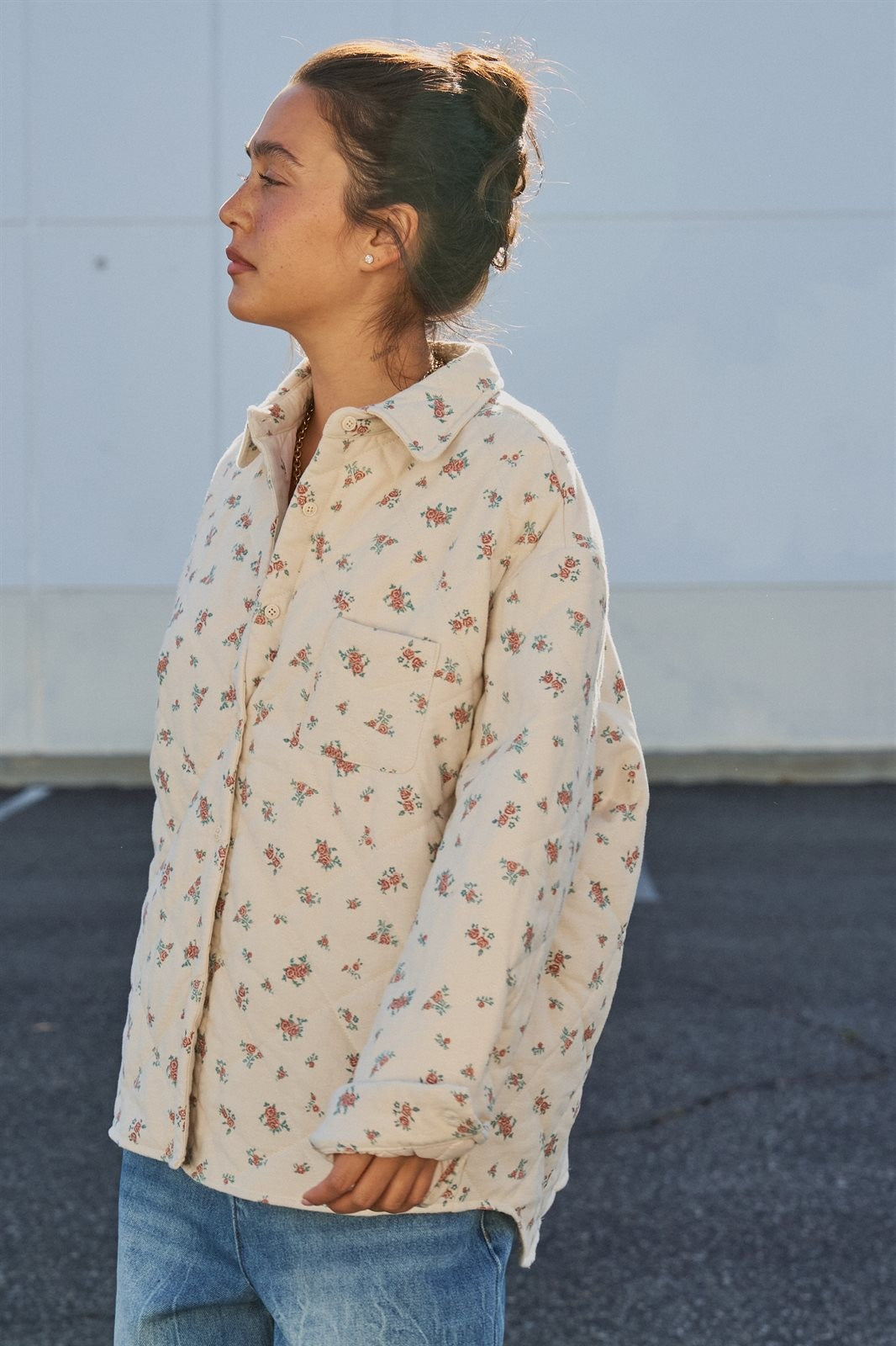 Floral Quilted Button-Down Cotton Shacket in Taupe	 - Women's Jackets & Outerwear | Urban Daizy