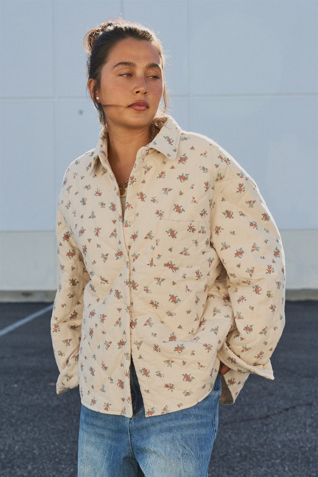 Floral Quilted Button-Down Cotton Shacket in Taupe	 - Women's Jackets & Outerwear | Urban Daizy