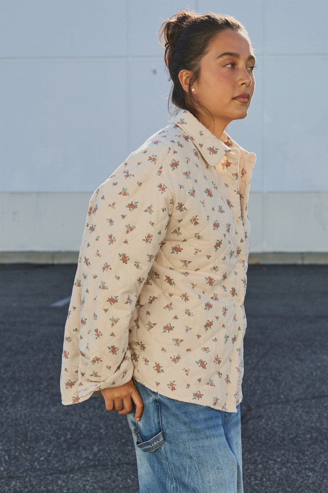 Floral Quilted Button-Down Cotton Shacket in Taupe	 - Women's Jackets & Outerwear | Urban Daizy
