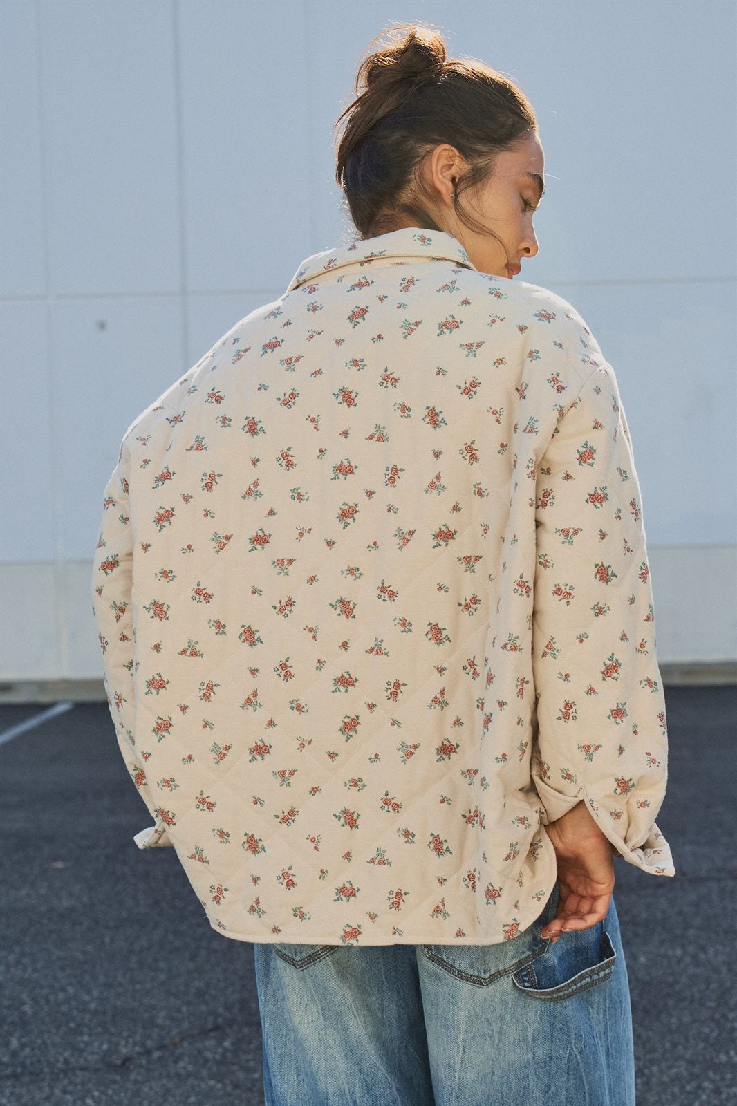 Floral Quilted Button-Down Cotton Shacket in Taupe	 - Women's Jackets & Outerwear | Urban Daizy