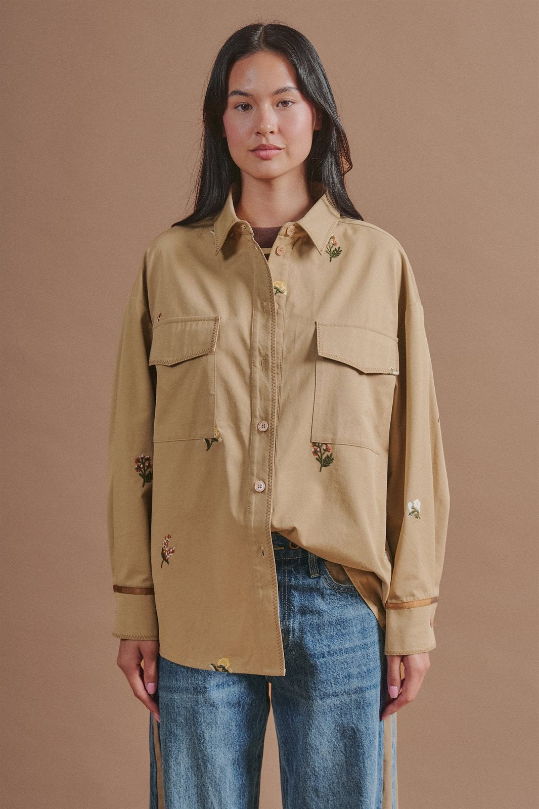 Floral Embroidered Cotton Shirt Jacket in Taupe	 - Women's Jackets & Outerwear | Urban Daizy