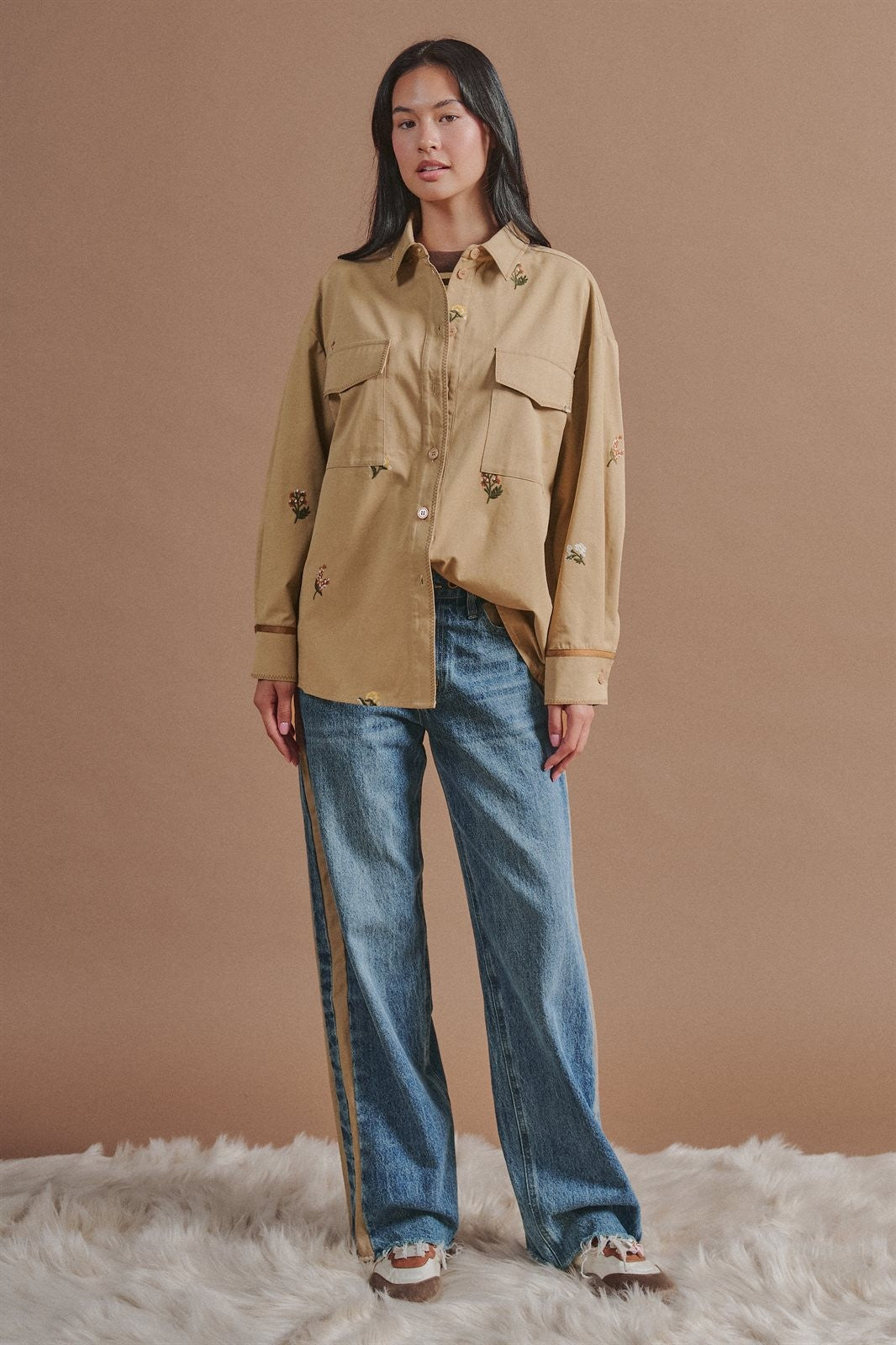 Floral Embroidered Cotton Shirt Jacket in Taupe	 - Women's Jackets & Outerwear | Urban Daizy