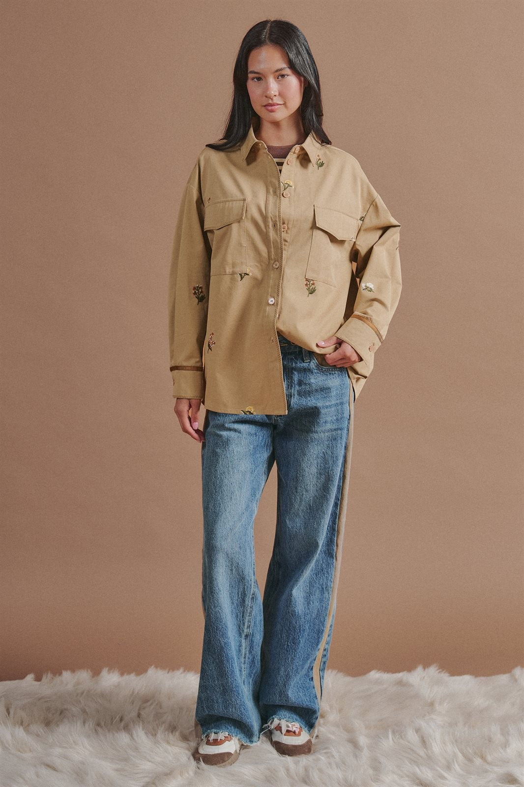 Floral Embroidered Cotton Shirt Jacket in Taupe	 - Women's Jackets & Outerwear | Urban Daizy