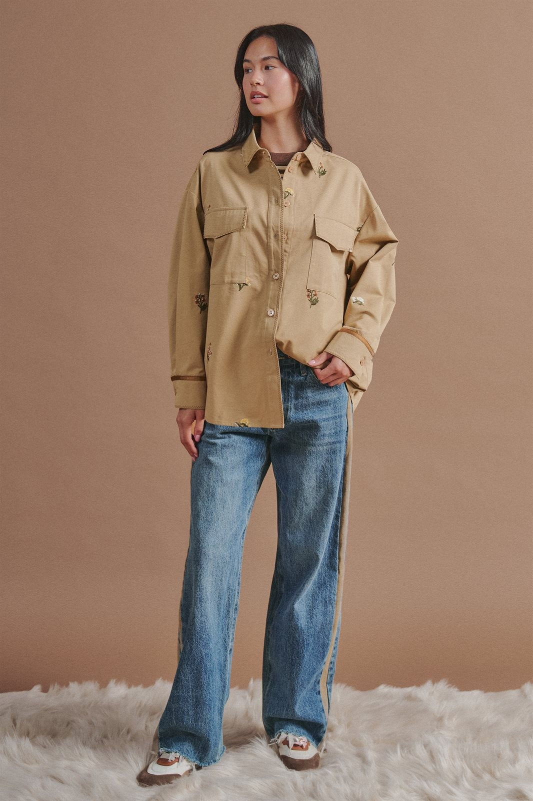 Floral Embroidered Cotton Shirt Jacket in Taupe	 - Women's Jackets & Outerwear | Urban Daizy