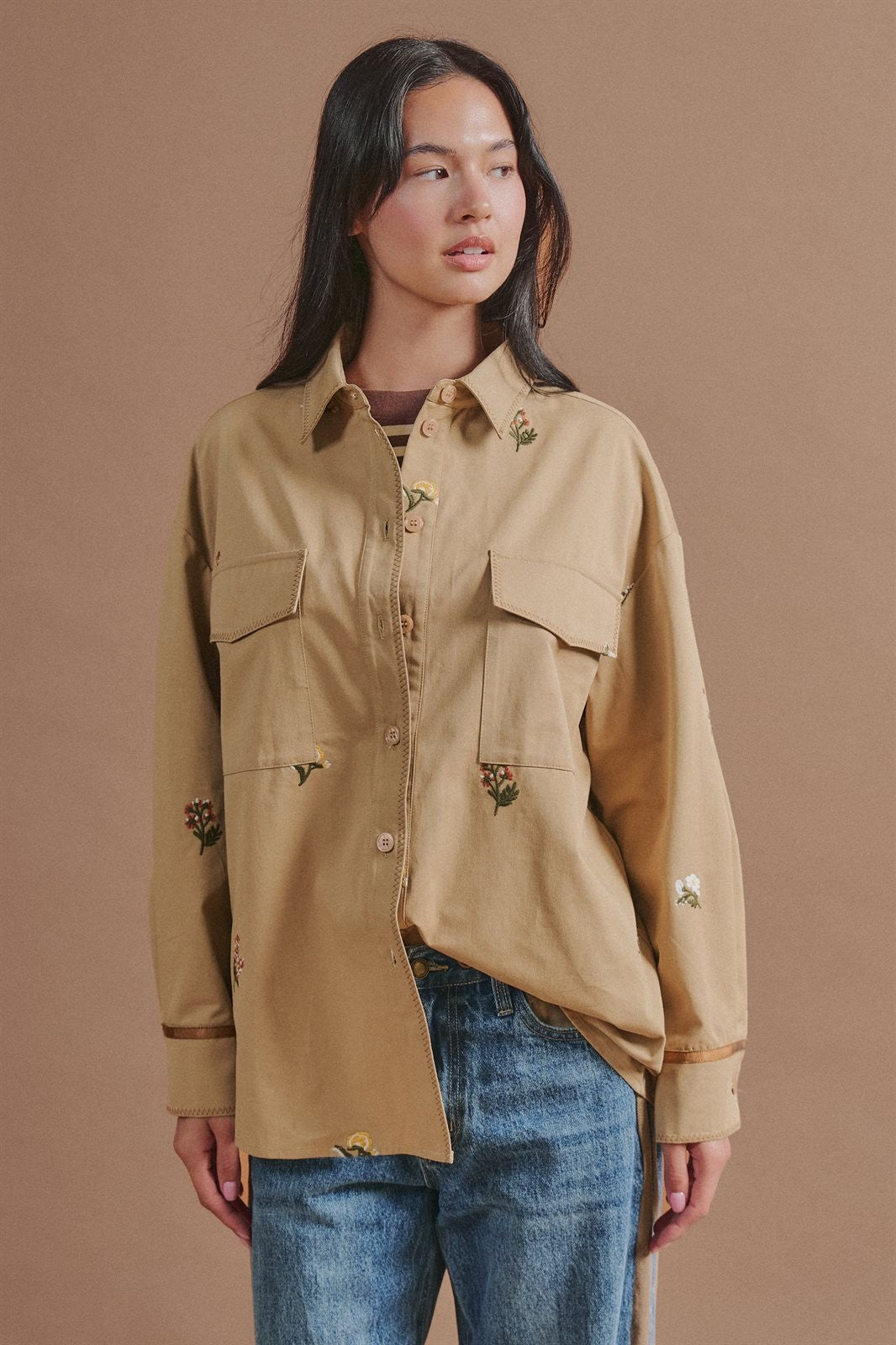 Floral Embroidered Cotton Shirt Jacket in Taupe	 - Women's Jackets & Outerwear | Urban Daizy