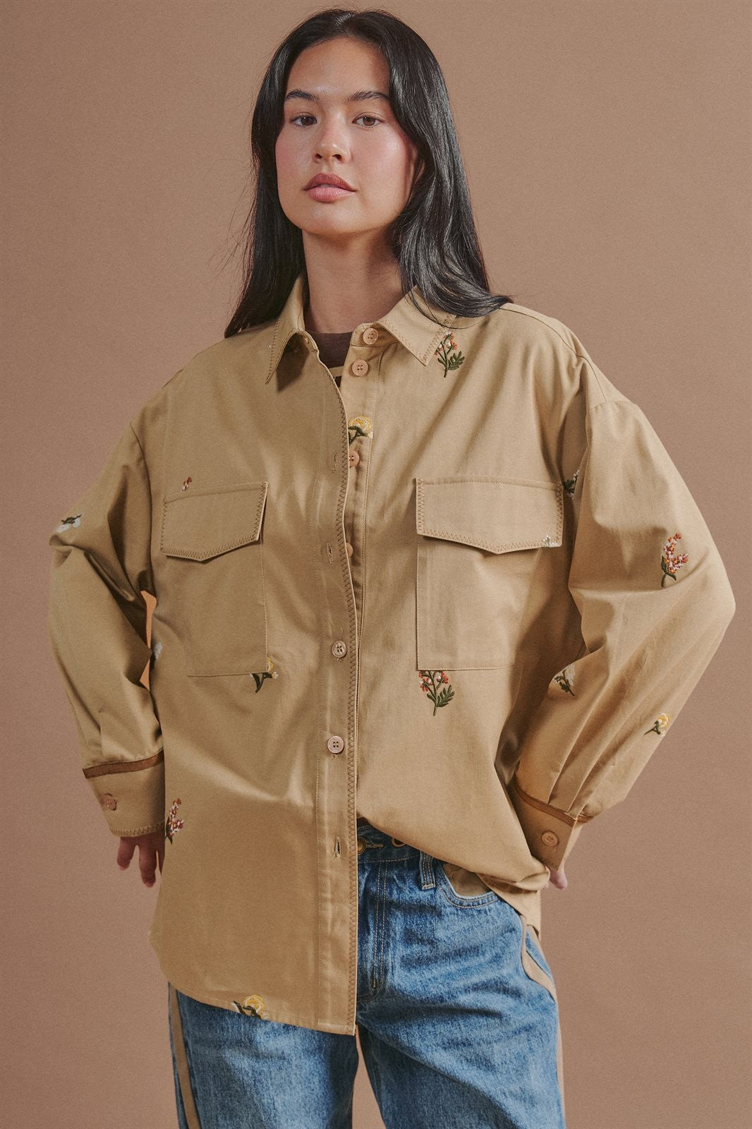 Floral Embroidered Cotton Shirt Jacket in Taupe	 - Women's Jackets & Outerwear | Urban Daizy