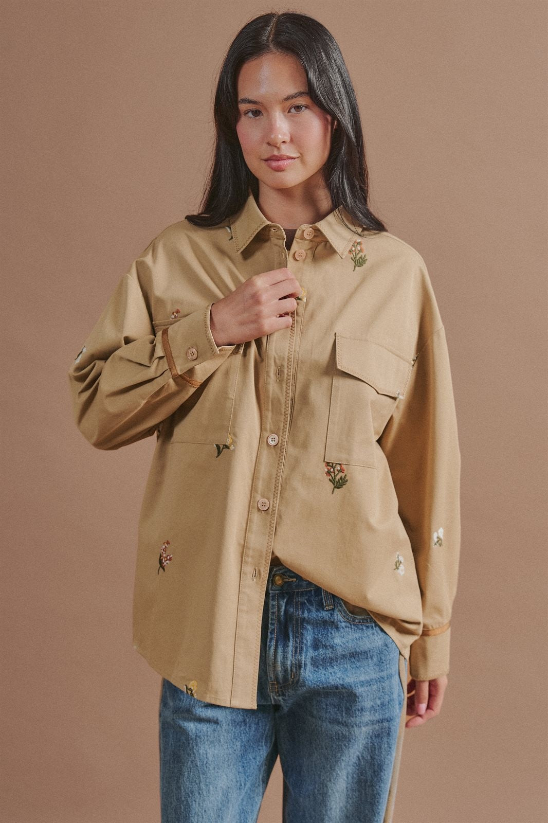 Floral Embroidered Cotton Shirt Jacket in Taupe	 - Women's Jackets & Outerwear | Urban Daizy