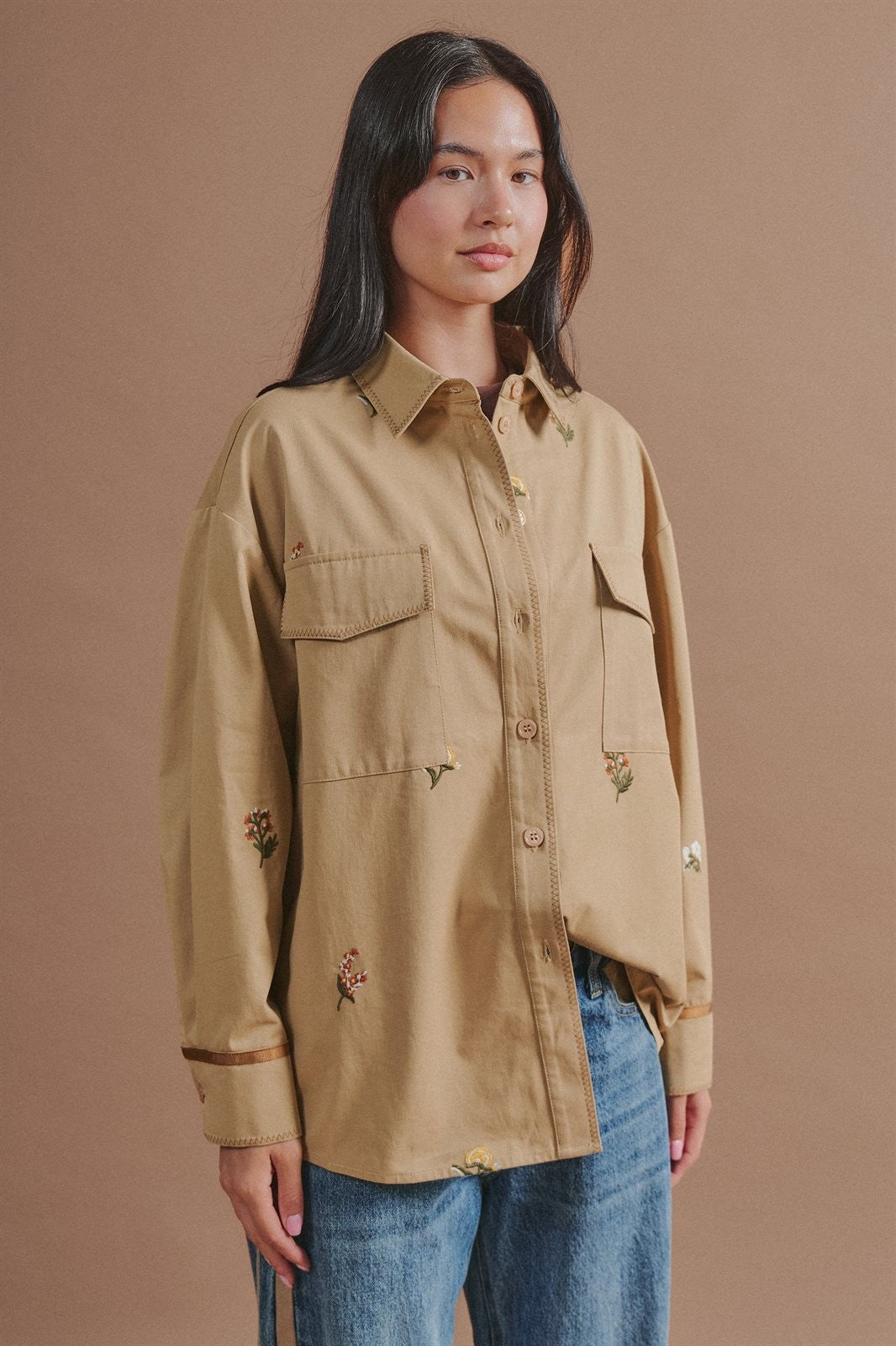 Floral Embroidered Cotton Shirt Jacket in Taupe	 - Women's Jackets & Outerwear | Urban Daizy