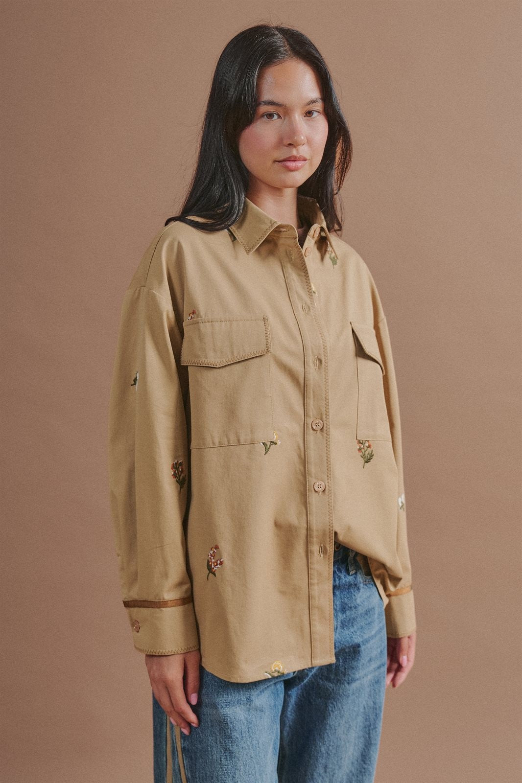 Floral Embroidered Cotton Shirt Jacket in Taupe	 - Women's Jackets & Outerwear | Urban Daizy