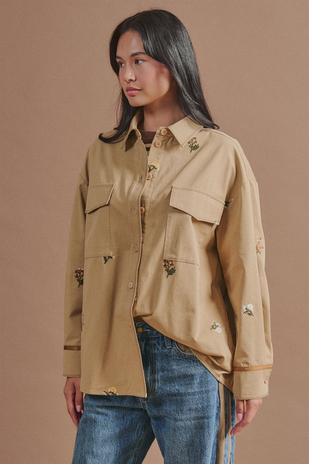 Floral Embroidered Cotton Shirt Jacket in Taupe	 - Women's Jackets & Outerwear | Urban Daizy