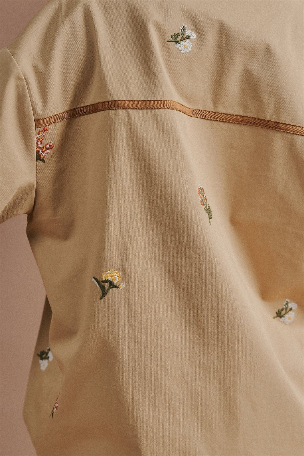 Floral Embroidered Cotton Shirt Jacket in Taupe	 - Women's Jackets & Outerwear | Urban Daizy