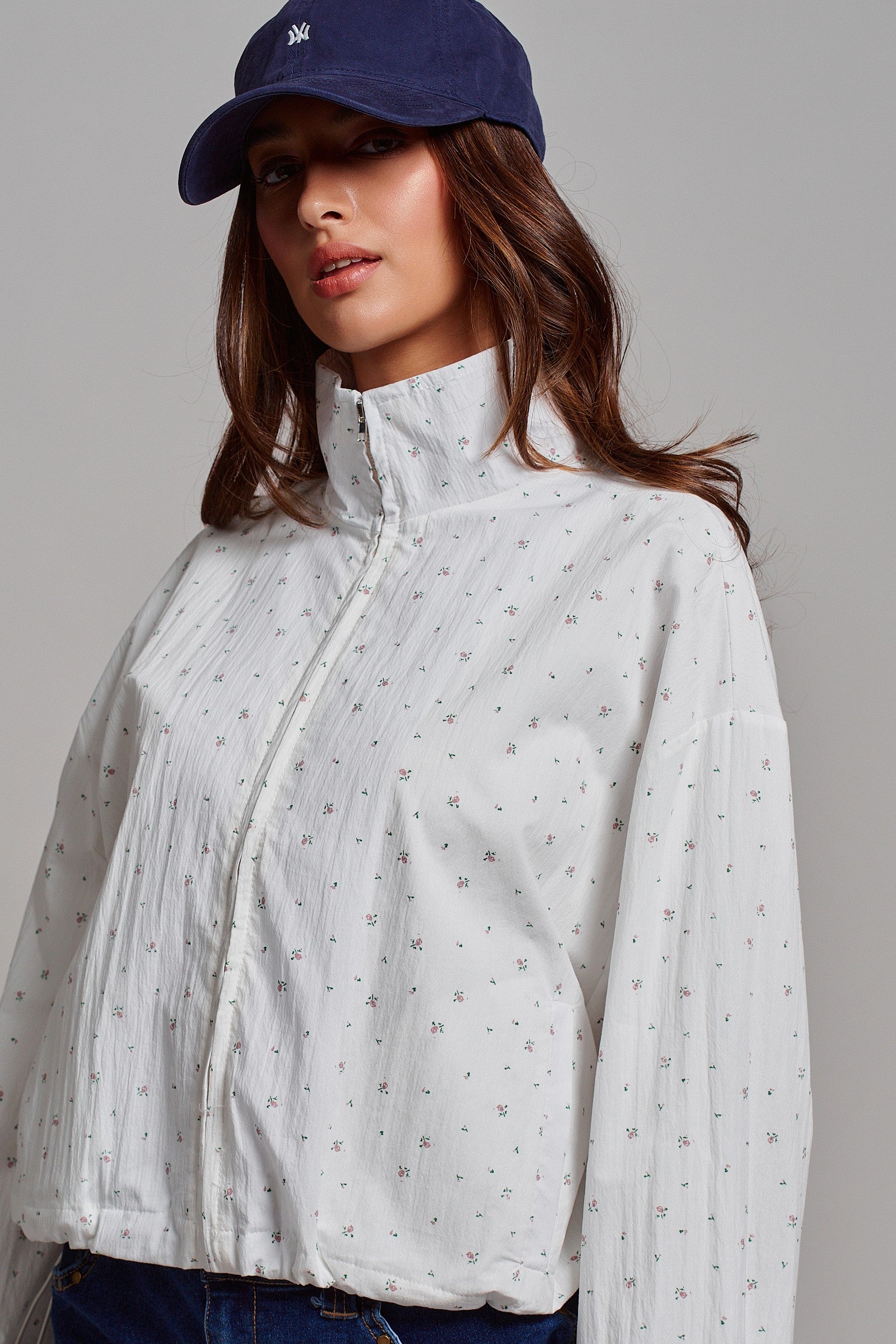 Floral Print Cotton Zip Pullover Jacket in White - Women's Jackets & Outerwear | Urban Daizy
