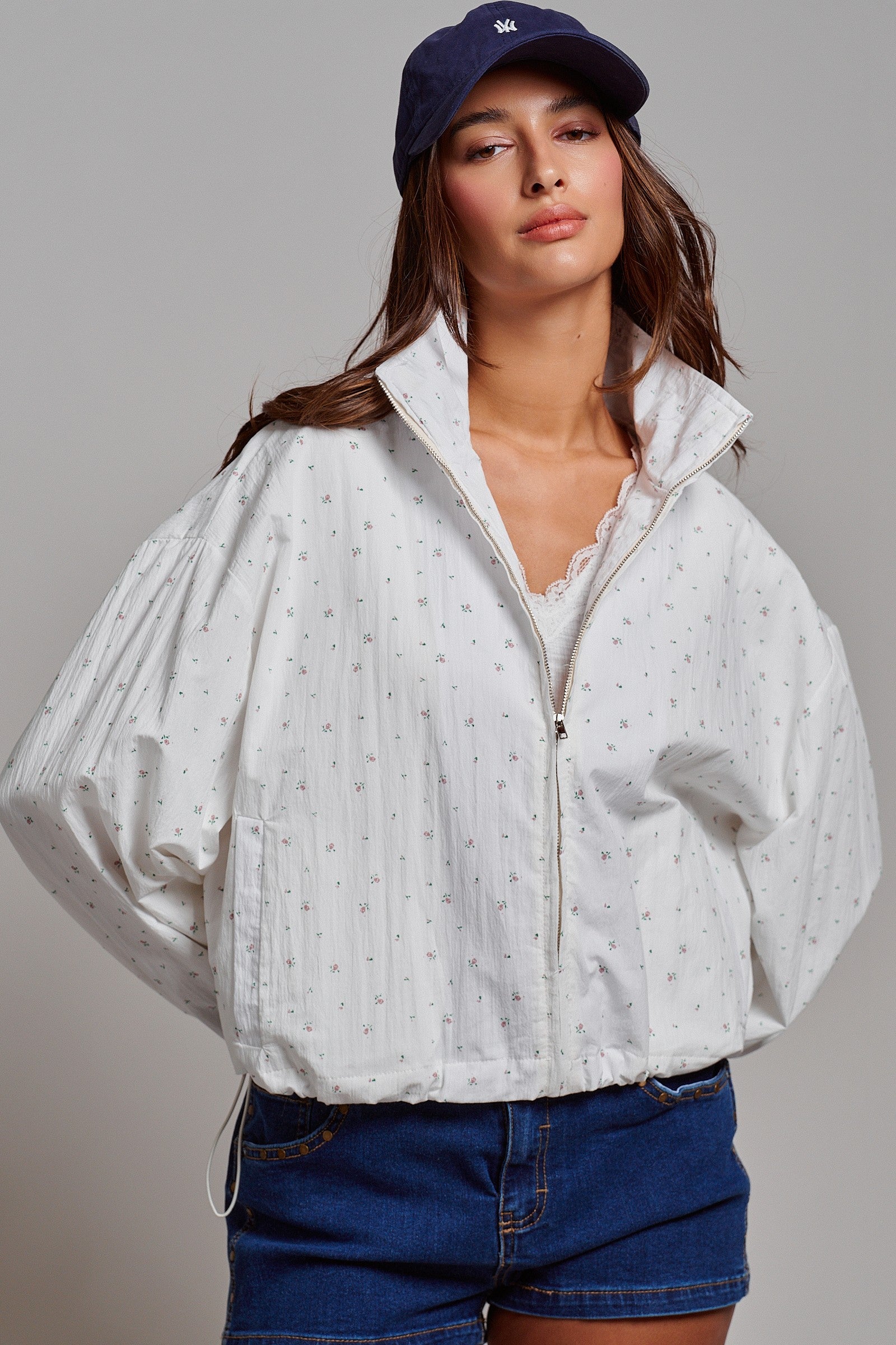 Floral Print Cotton Zip Pullover Jacket in White - Women's Jackets & Outerwear | Urban Daizy