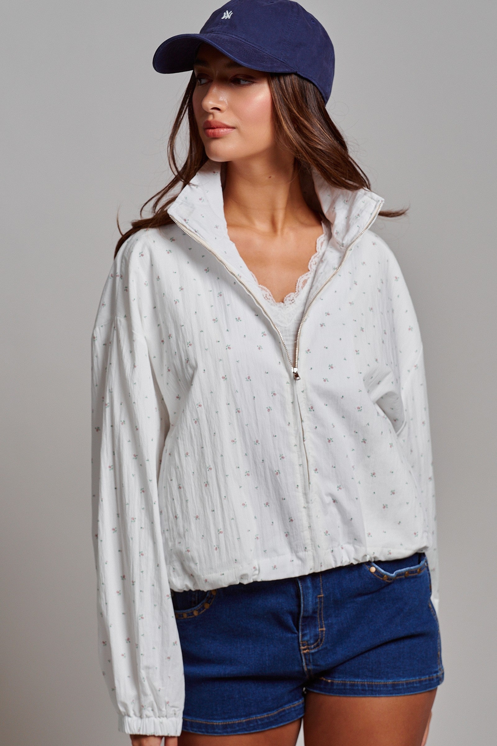 Floral Print Cotton Zip Pullover Jacket in White - Women's Jackets & Outerwear | Urban Daizy