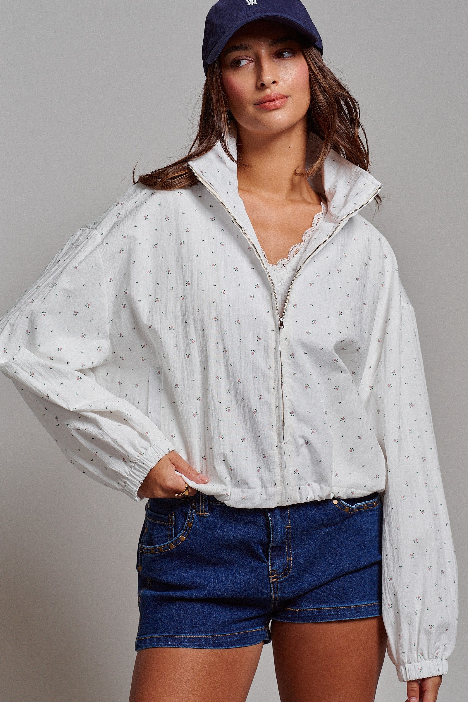 Floral Print Cotton Zip Pullover Jacket in White - Women's Jackets & Outerwear | Urban Daizy