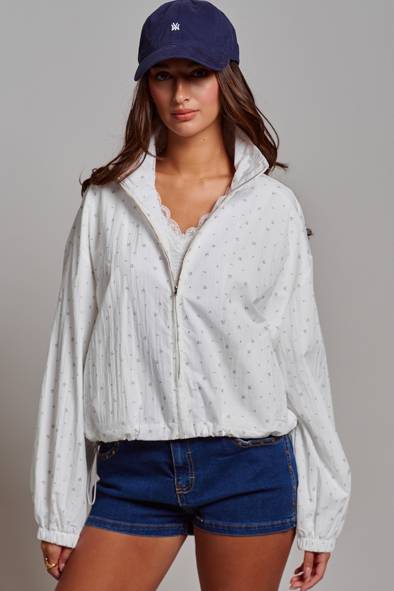 Floral Print Cotton Zip Pullover Jacket in White - Women's Jackets & Outerwear | Urban Daizy