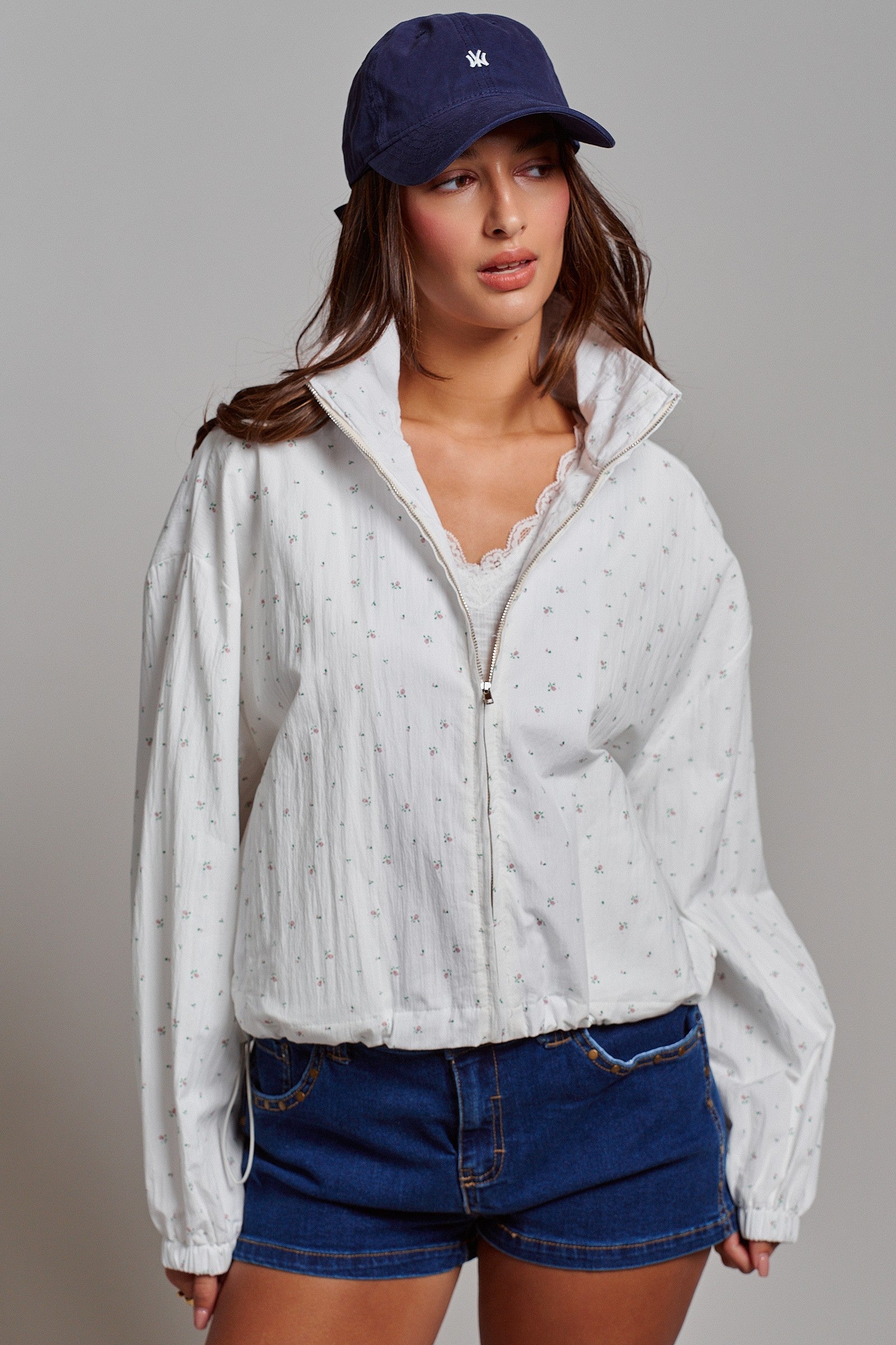 Floral Print Cotton Zip Pullover Jacket in White - Women's Jackets & Outerwear | Urban Daizy