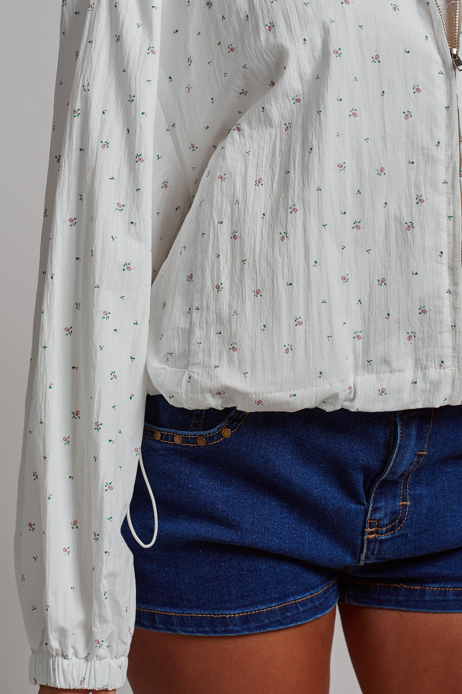 Floral Print Cotton Zip Pullover Jacket in White - Women's Jackets & Outerwear | Urban Daizy