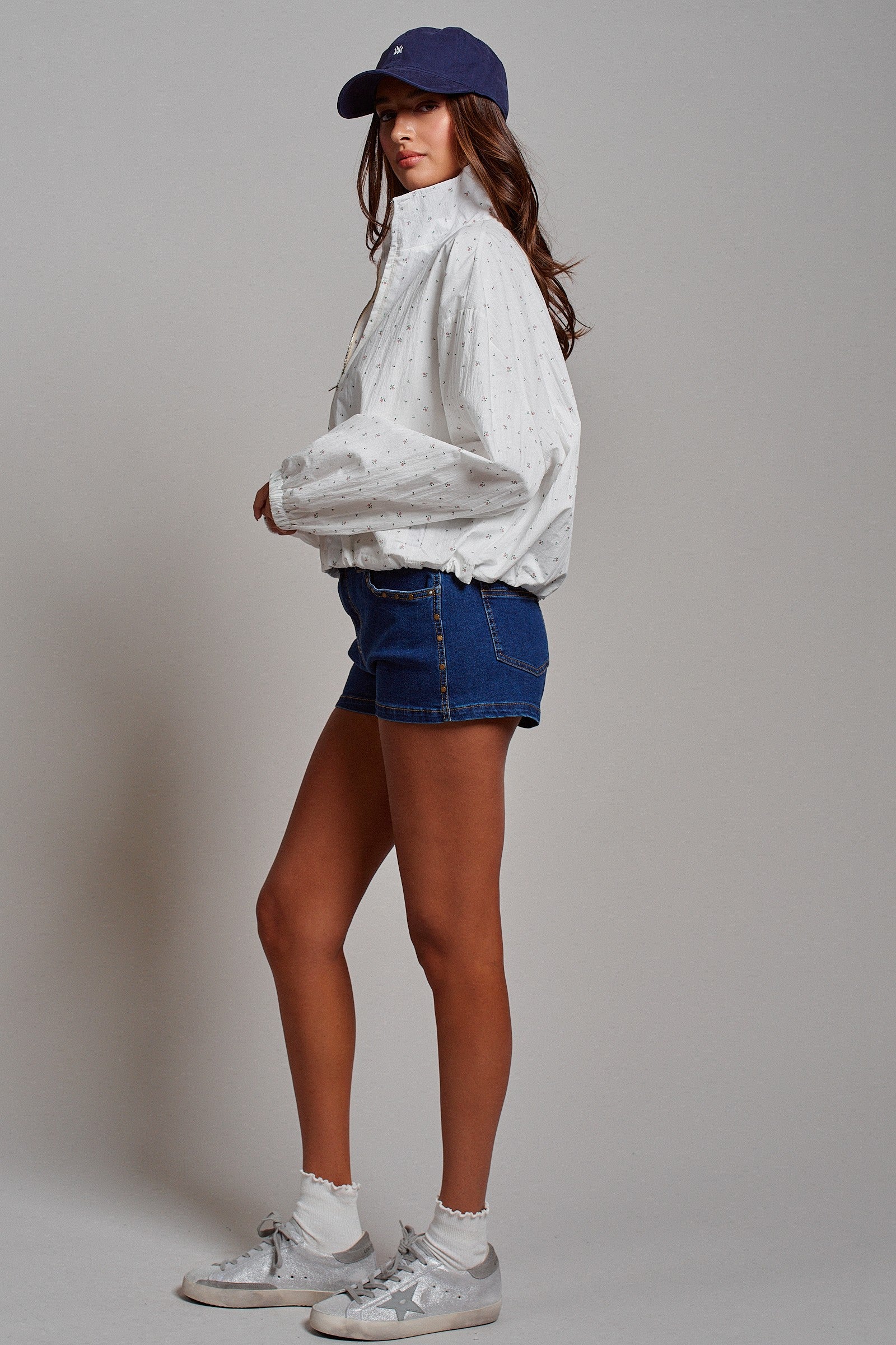 Floral Print Cotton Zip Pullover Jacket in White - Women's Jackets & Outerwear | Urban Daizy