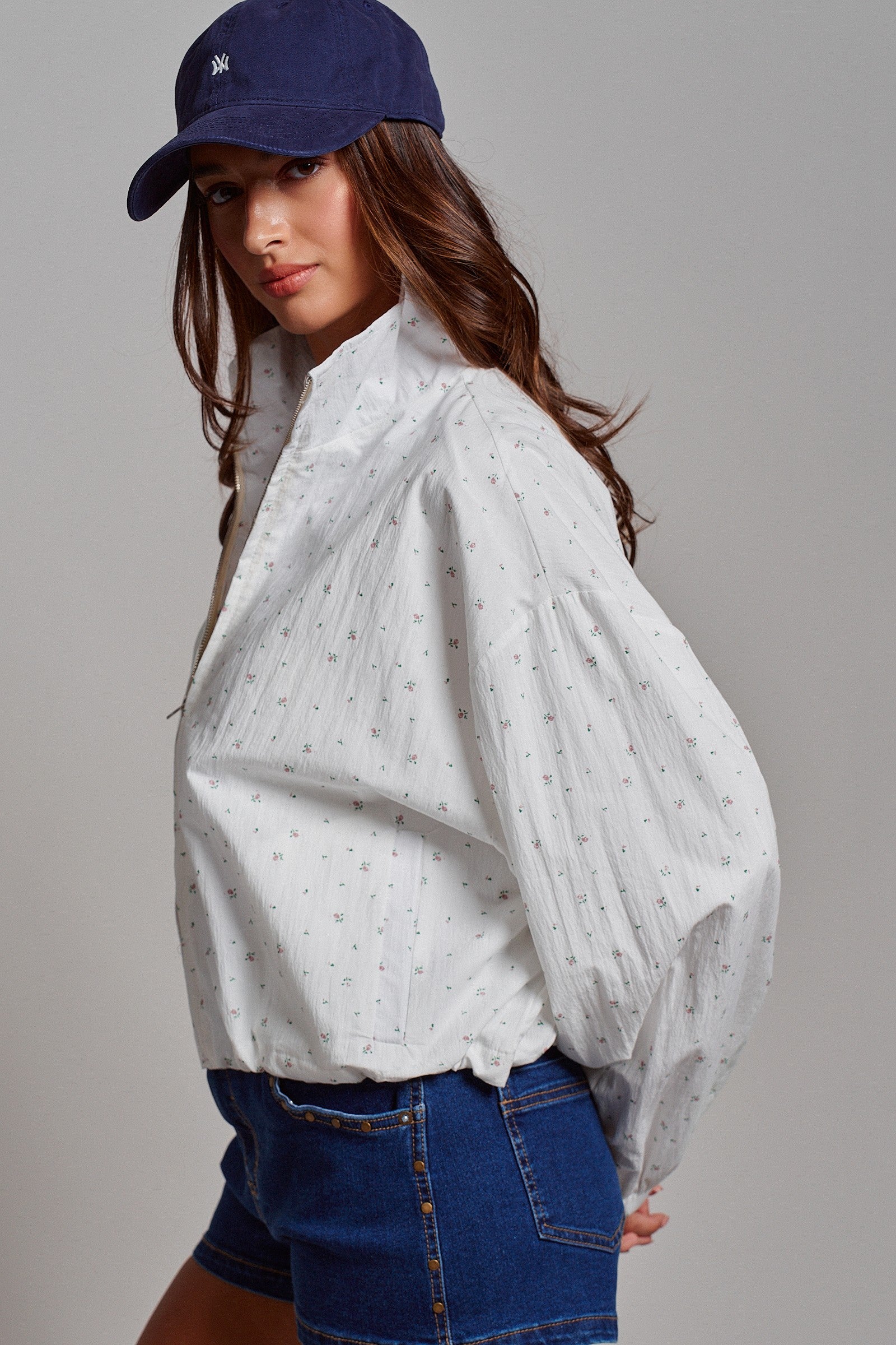 Floral Print Cotton Zip Pullover Jacket in White - Women's Jackets & Outerwear | Urban Daizy