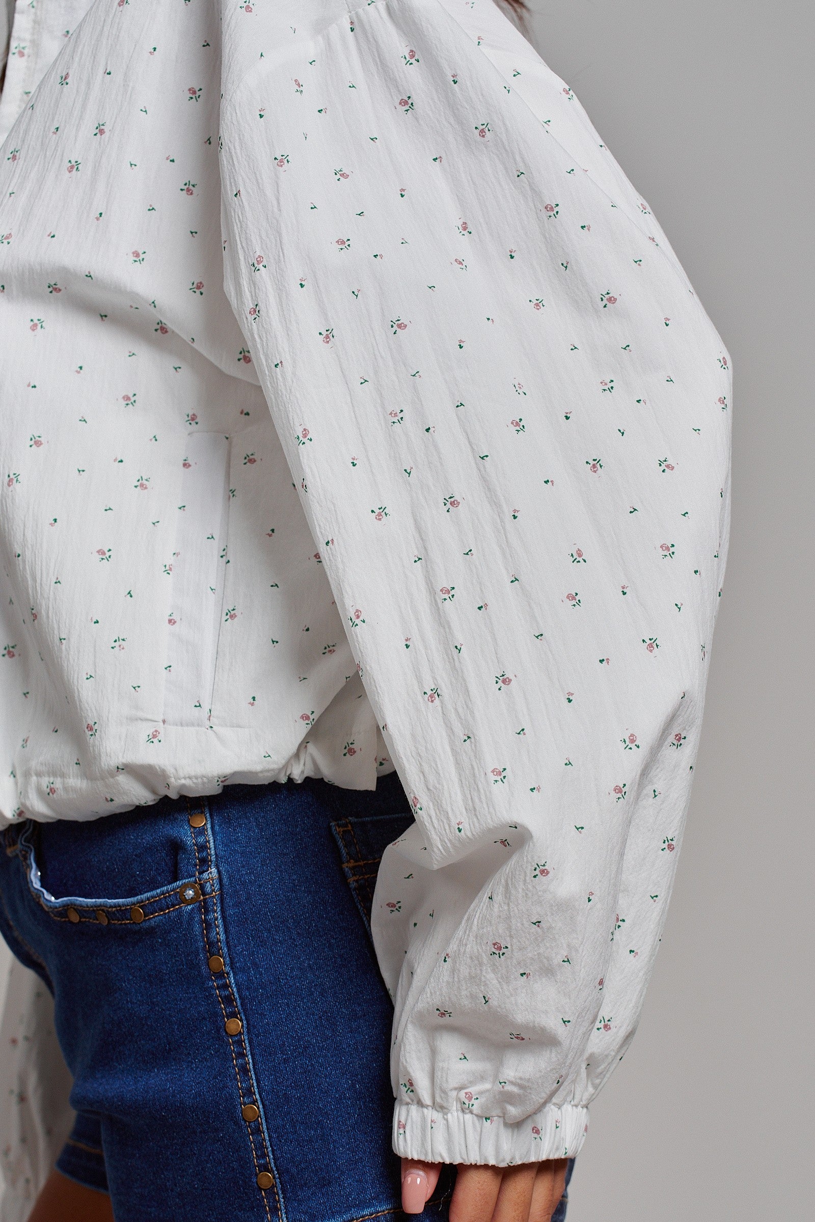 Floral Print Cotton Zip Pullover Jacket in White - Women's Jackets & Outerwear | Urban Daizy