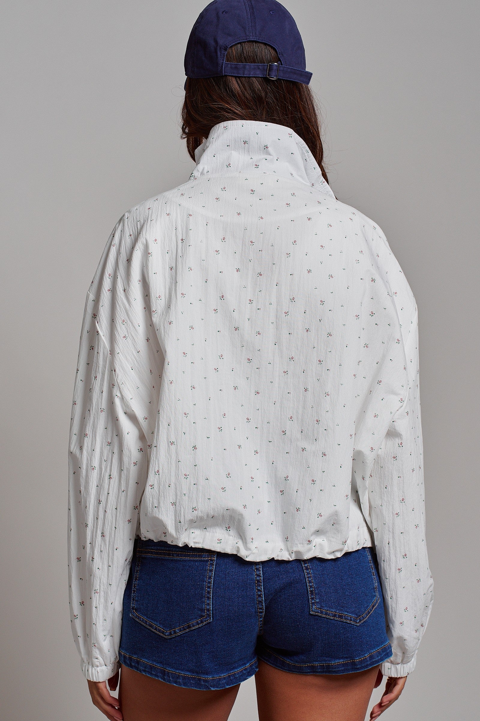 Floral Print Cotton Zip Pullover Jacket in White - Women's Jackets & Outerwear | Urban Daizy