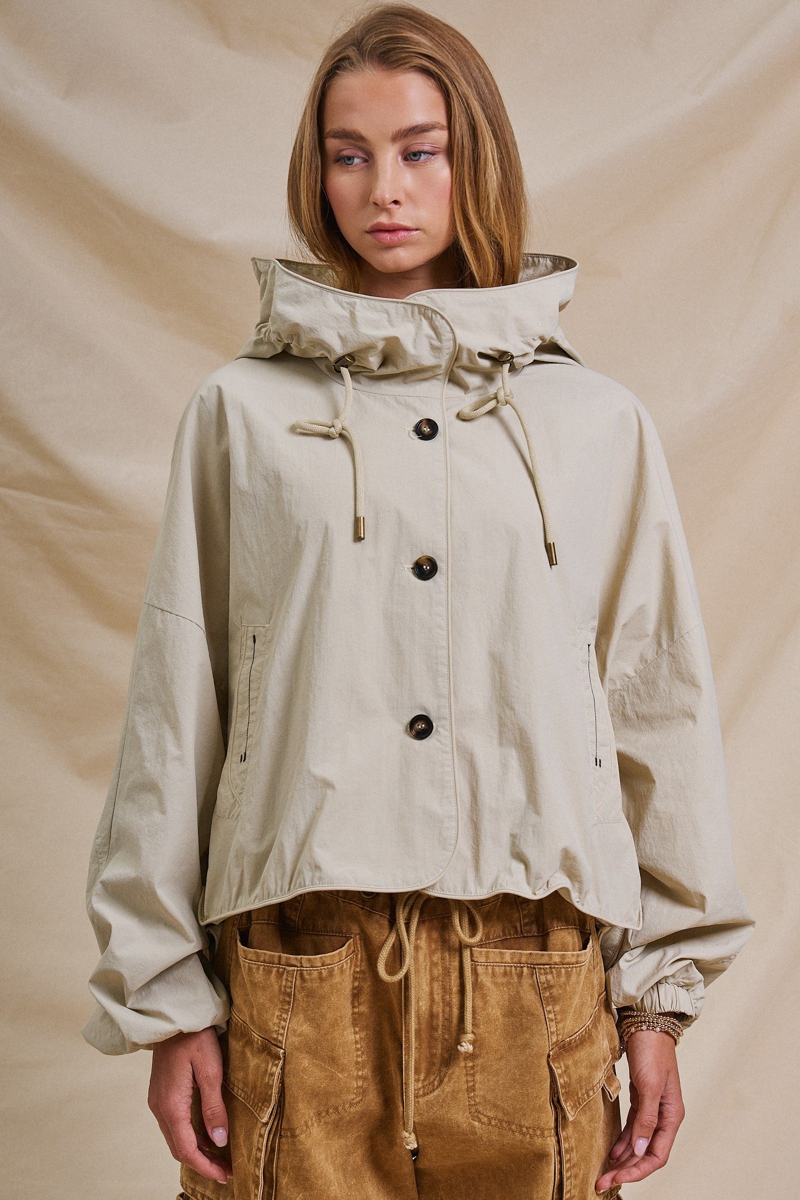 Cropped Hooded Utility Jacket with Button Front in Khaki - Women's Jackets & Outerwear | Urban Daizy
