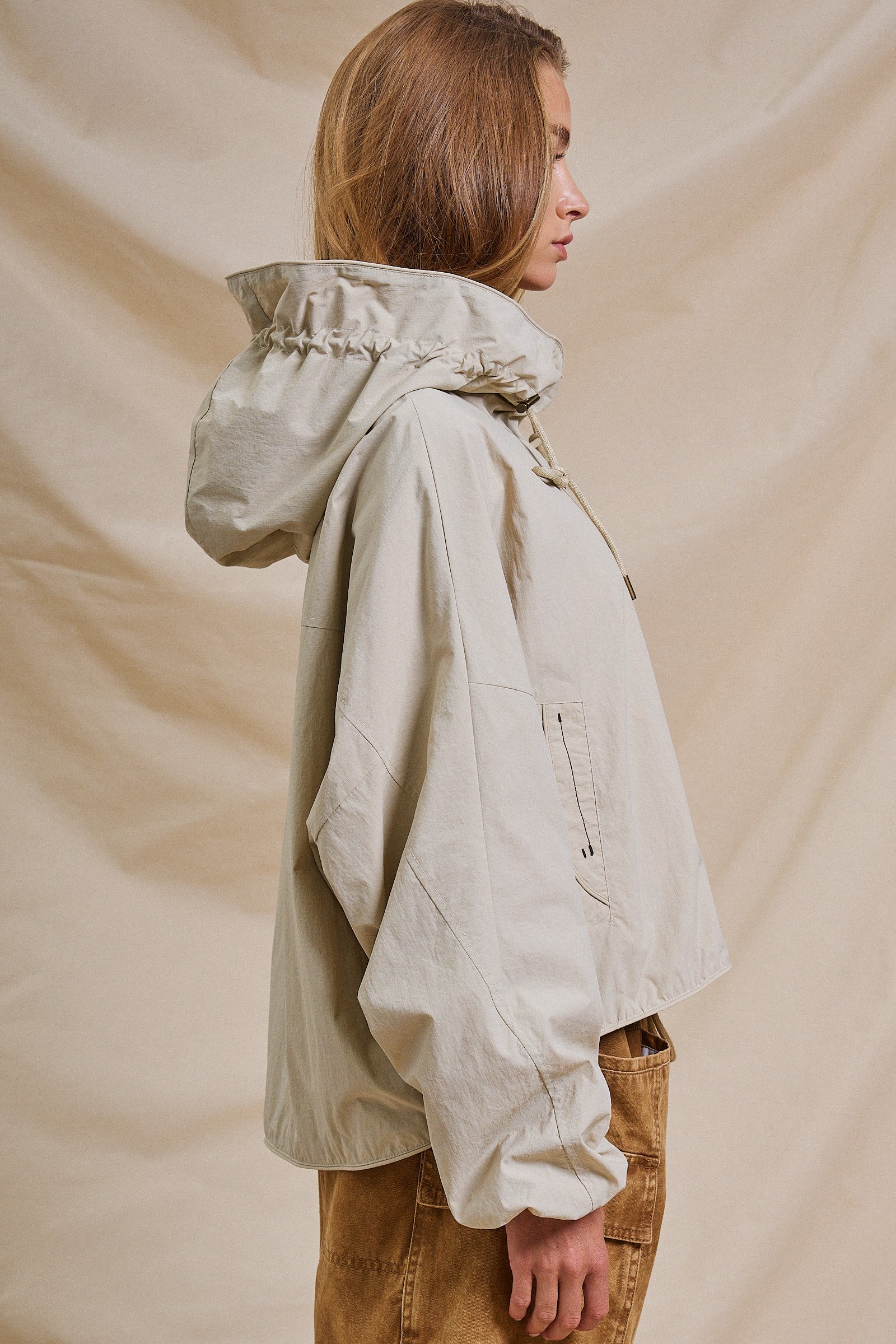 Cropped Hooded Utility Jacket with Button Front in Khaki - Women's Jackets & Outerwear | Urban Daizy