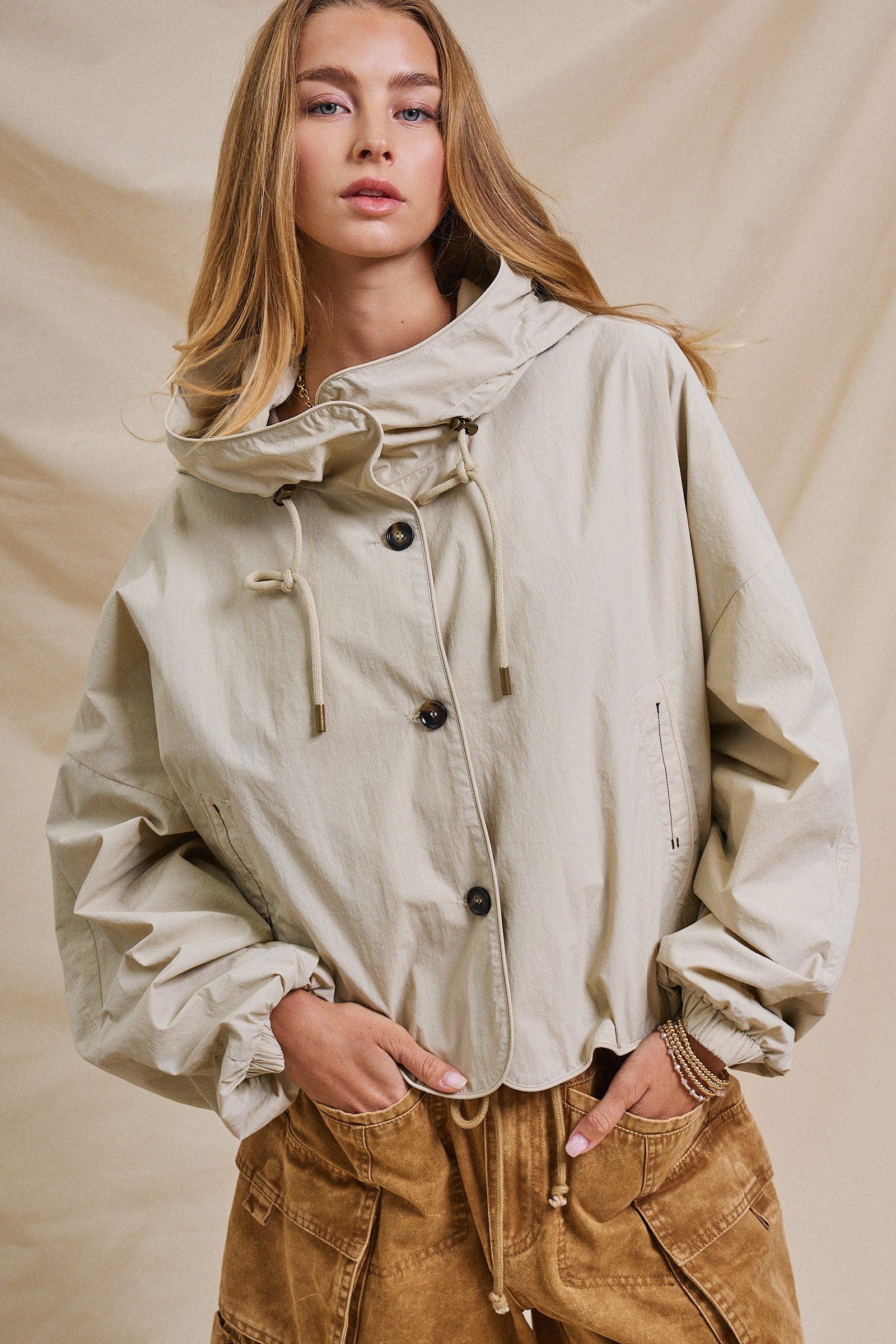 Cropped Hooded Utility Jacket with Button Front in Khaki - Women's Jackets & Outerwear | Urban Daizy